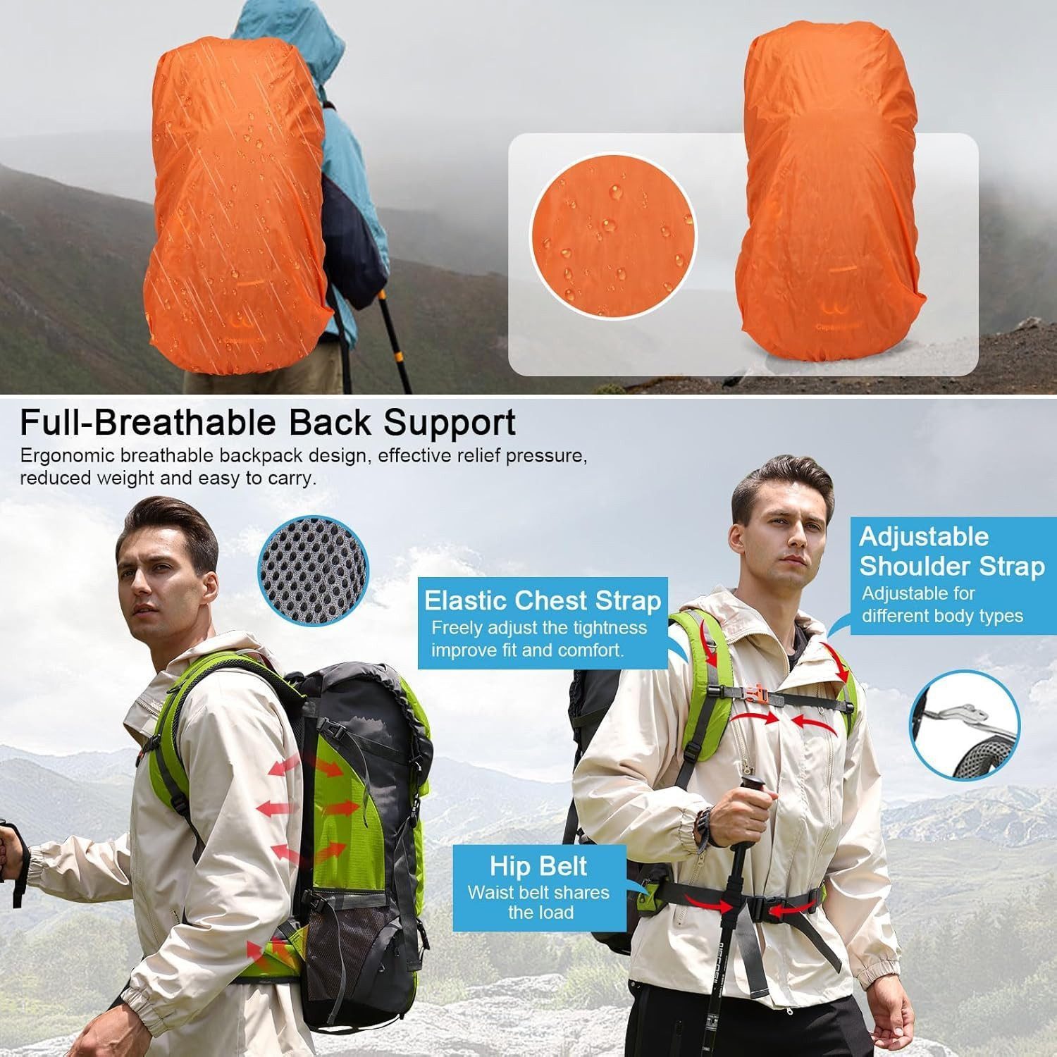 Toomoke Tourenrucksack Wanderrucksack 70L,Oxford Rucksack,Reiserucksack Camping Rucksack (Trekkingrucksack für Wandern, Klettern, Reisen Sport, mit Regenhülle, wasserfest & belüftetem Rücken), Separatem Schuhfach, wasserdicht, ultraleicht und reißfest