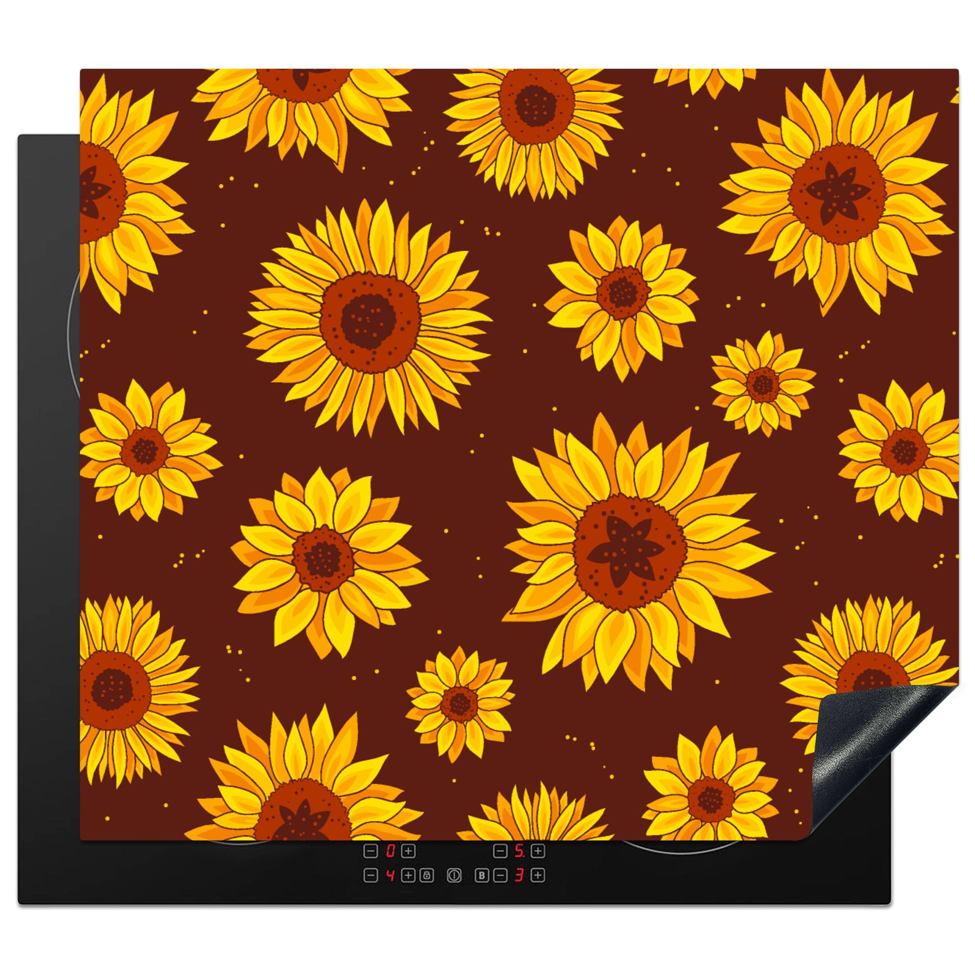 MuchoWow Herdblende-/Abdeckplatte Sonnenblume - Bohème - Flora - Muster, Vinyl, (1 tlg), 59x52 cm, Ceranfeldabdeckung für die küche, Induktionsmatte