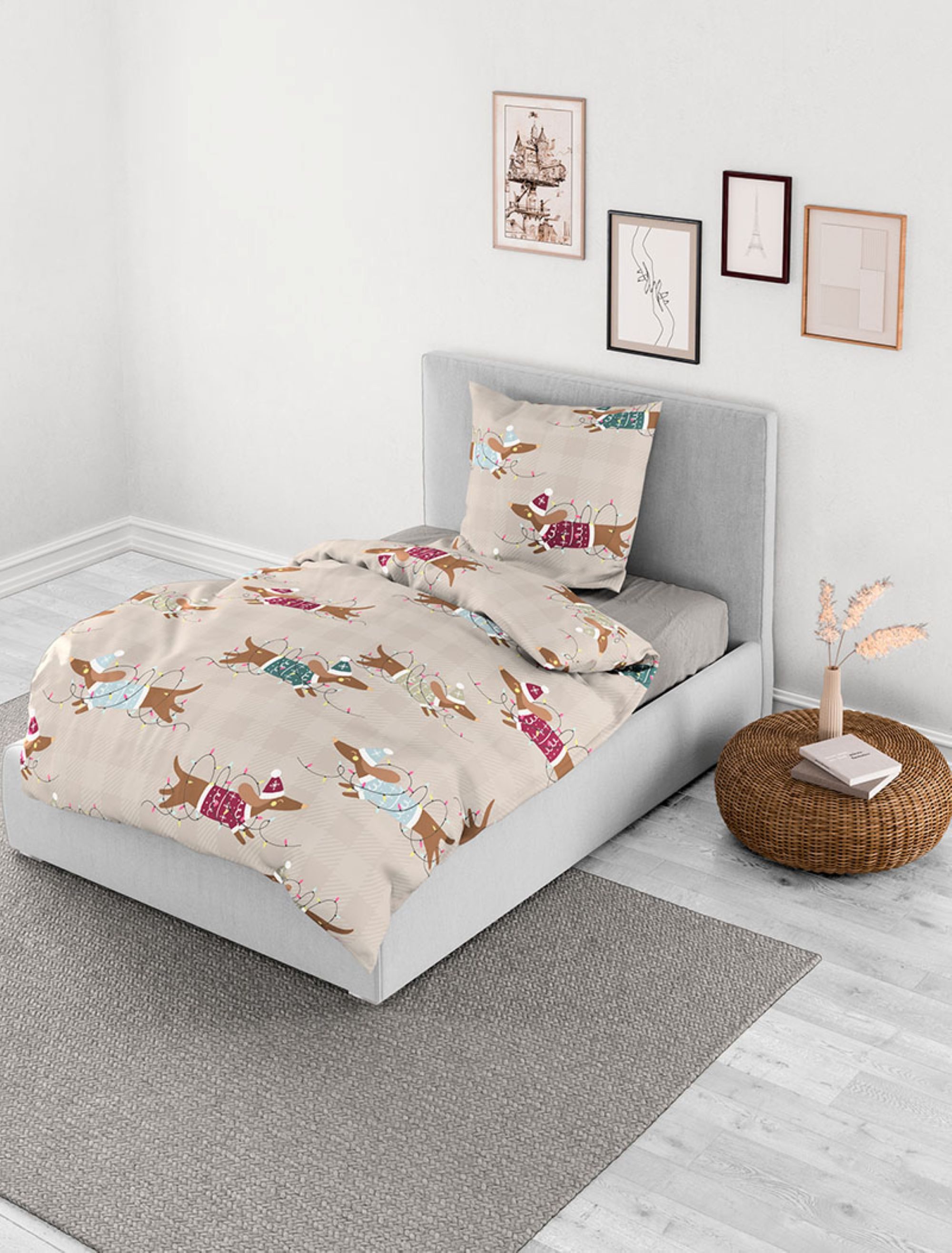 Dormabell Bettwäsche Dormabell Mako-Satin Bettwäsche 155x220 Dackel Mützen Karo beige kitt, Mako-Satin, 2 teilig, für Sommer und Winter, angehm weich