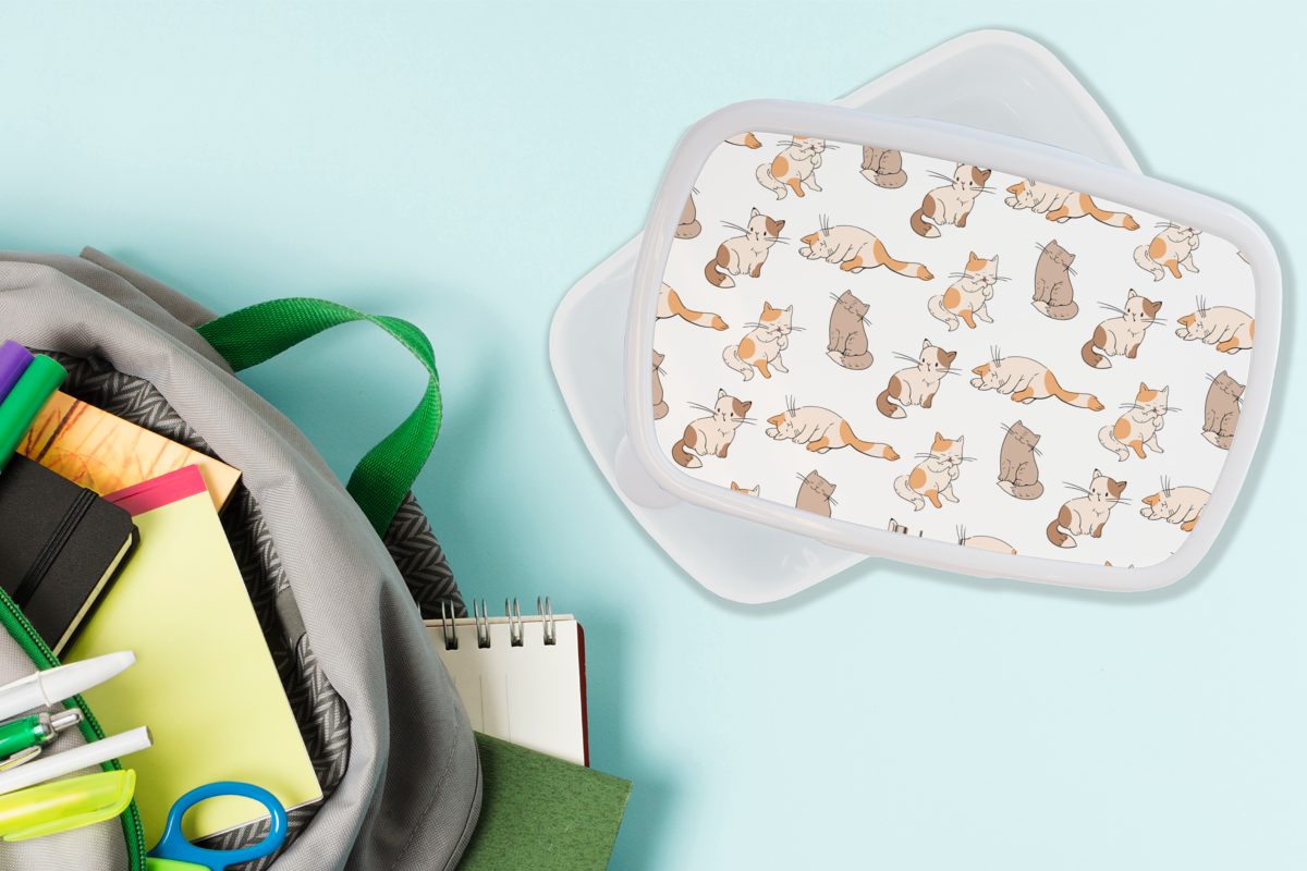 Brotdose, weiß Kätzchen - Muster - - MuchoWow Mädchen Lunchbox und Jungen Katze Brotbox Kinder, (2-tlg), Jungs Mädchen - und Erwachsene, Kunststoff, für Kinder - - Kinder für