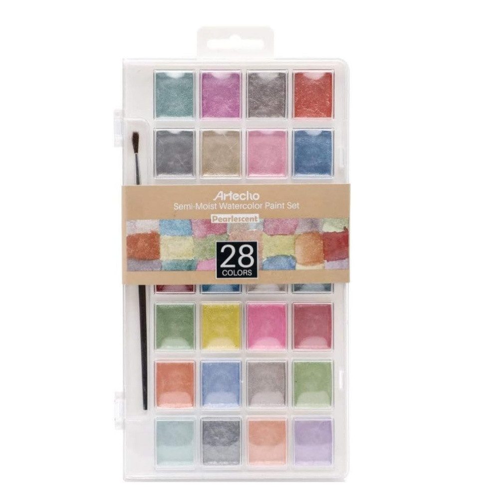 Artecho Aquarellfarbe Wasserfarben Künstler Set, 28 Perlglanz-Metallic Farben mit Pinsel, Schimmernde Wasserfarben für Künstler, Hobbymaler & Einsteiger