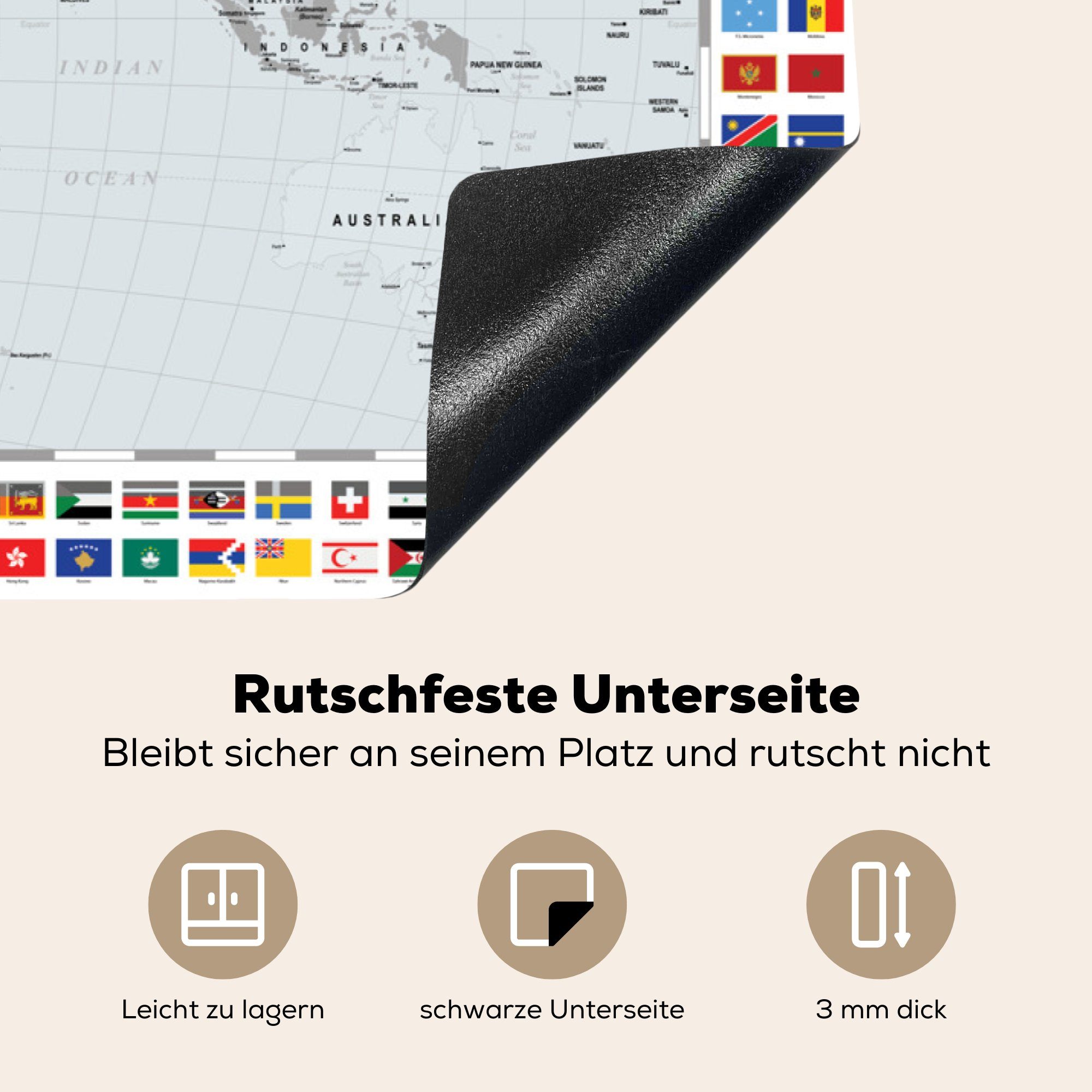 Weltkarte - für küche cm, Herdblende-/Abdeckplatte - tlg), (1 83x51 MuchoWow Schwarz Vinyl, Arbeitsplatte - Ceranfeldabdeckung, Weiß, Flagge