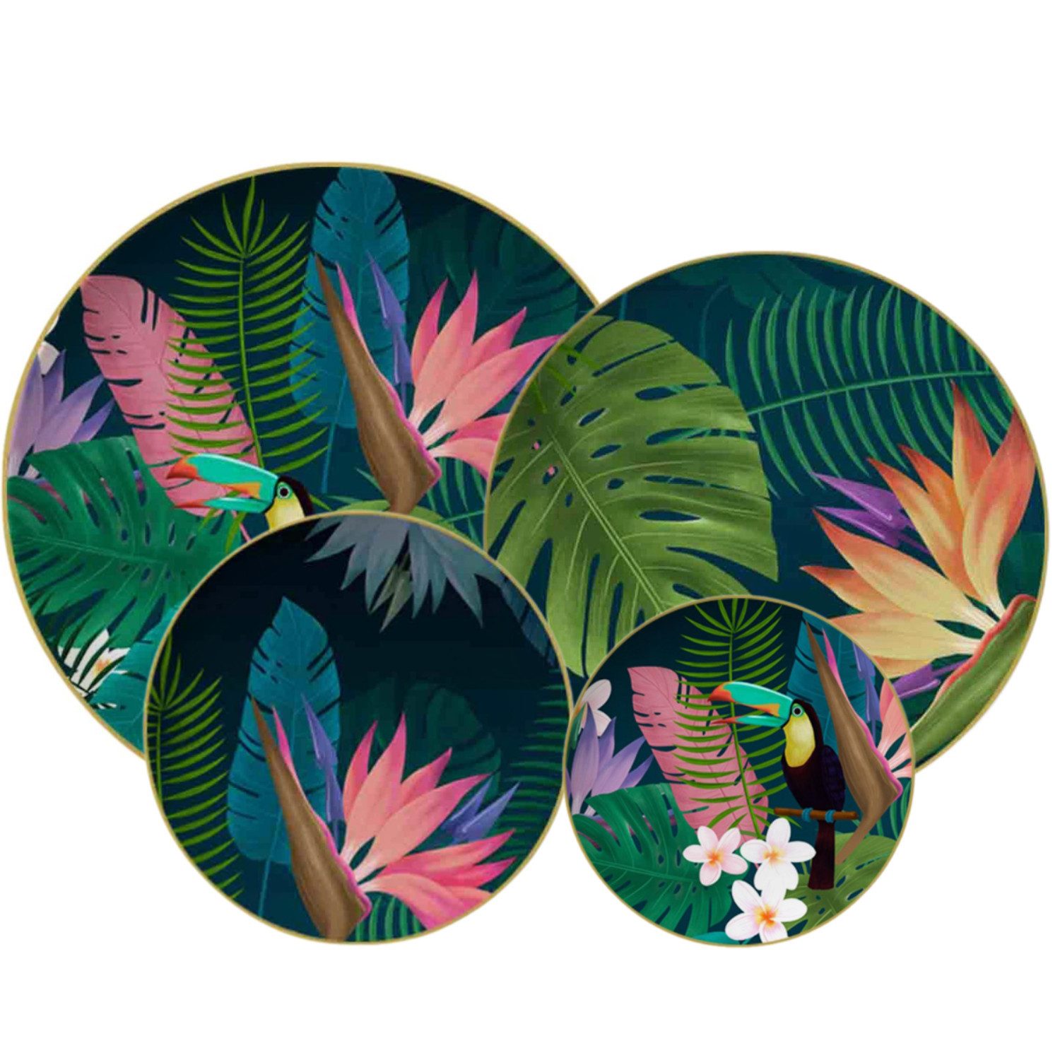 Quality Elegance Teller-Set Jungle Royale Bone-China Teller Set – Tropisches Luxus Geschirr (4-tlg), 1 Personen, 45% Bone China