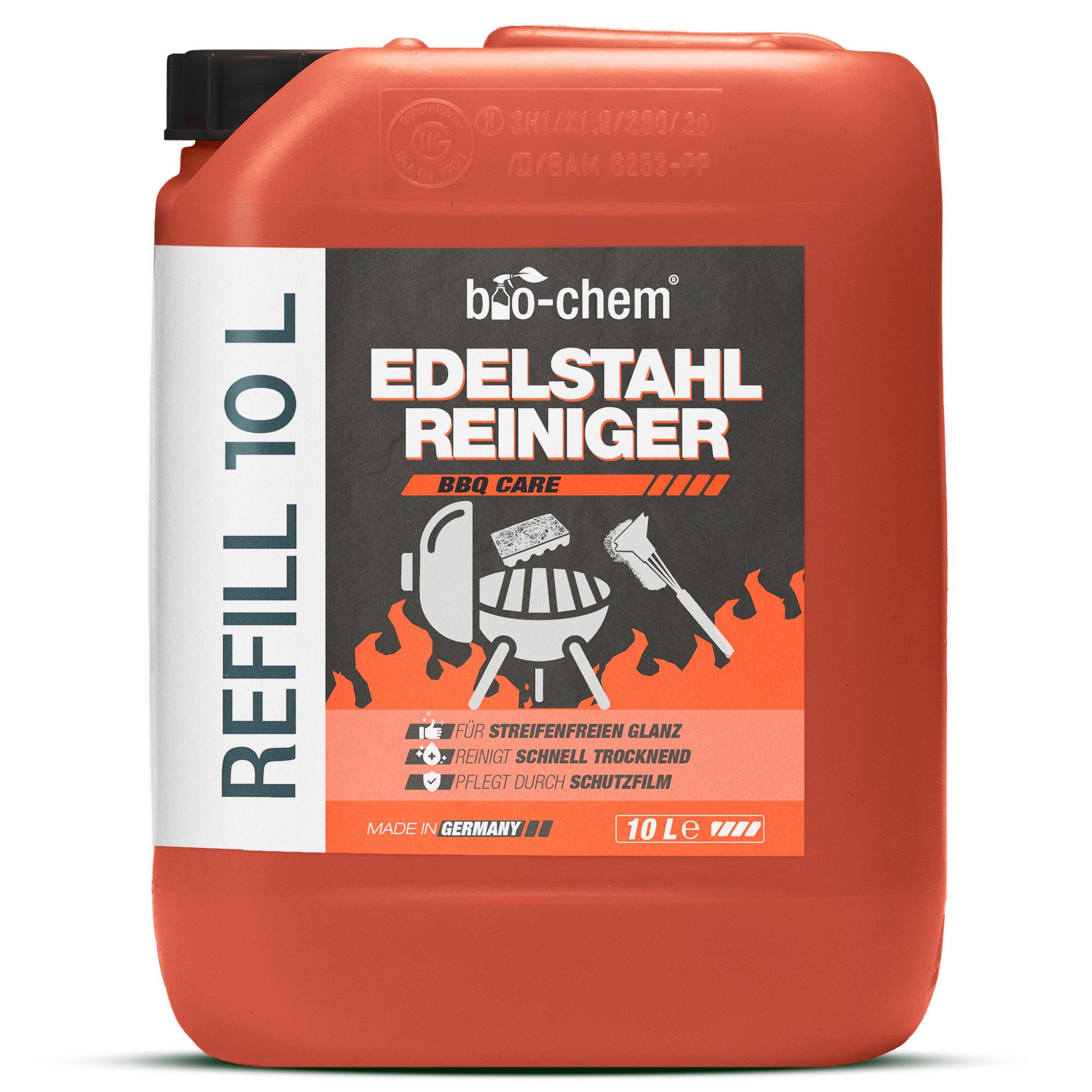 bio-chem Edelstahl-Pflege Edelstahlreiniger (Einzelprodukt, [- Edelstahlreiniger 10 l Kanister Streifenfreier Glanz & Schutzfilm)