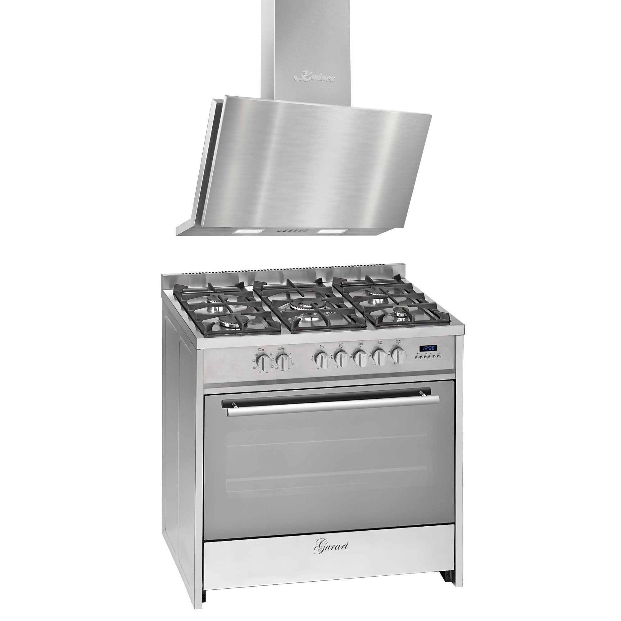 GURARI Gas-Standherd 90 cm Range Cooker, Ausführung: Edelstahl (Inox), Gusseisen, Erdgas oder Propangas, Automatischer Betrieb, Digitaluhr mit elektronischem Programmierer+Dunstabzugshaube 90 cm, 1250m³/h, Edelstahl GCH E 911 X+AT 9455 N, mit 1-fach-Teleskopauszug, Freistehender Gas-Elektro-Herd mit XXL Backofen 121 L Multi-8