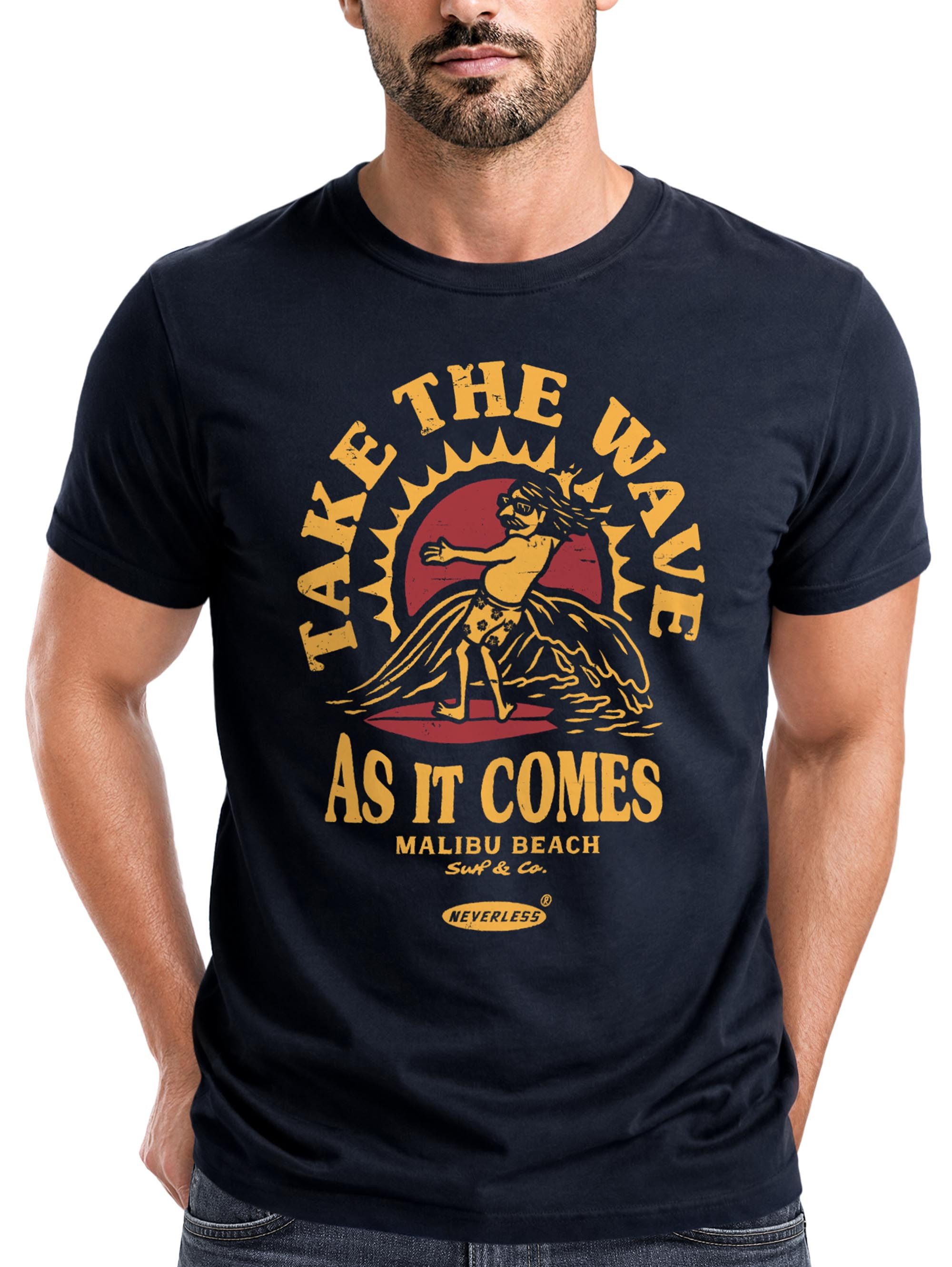Neverless Print-Shirt Herren T-Shirt Surfer Spruch Take the Wave Welle Surfing Fashion mit Print