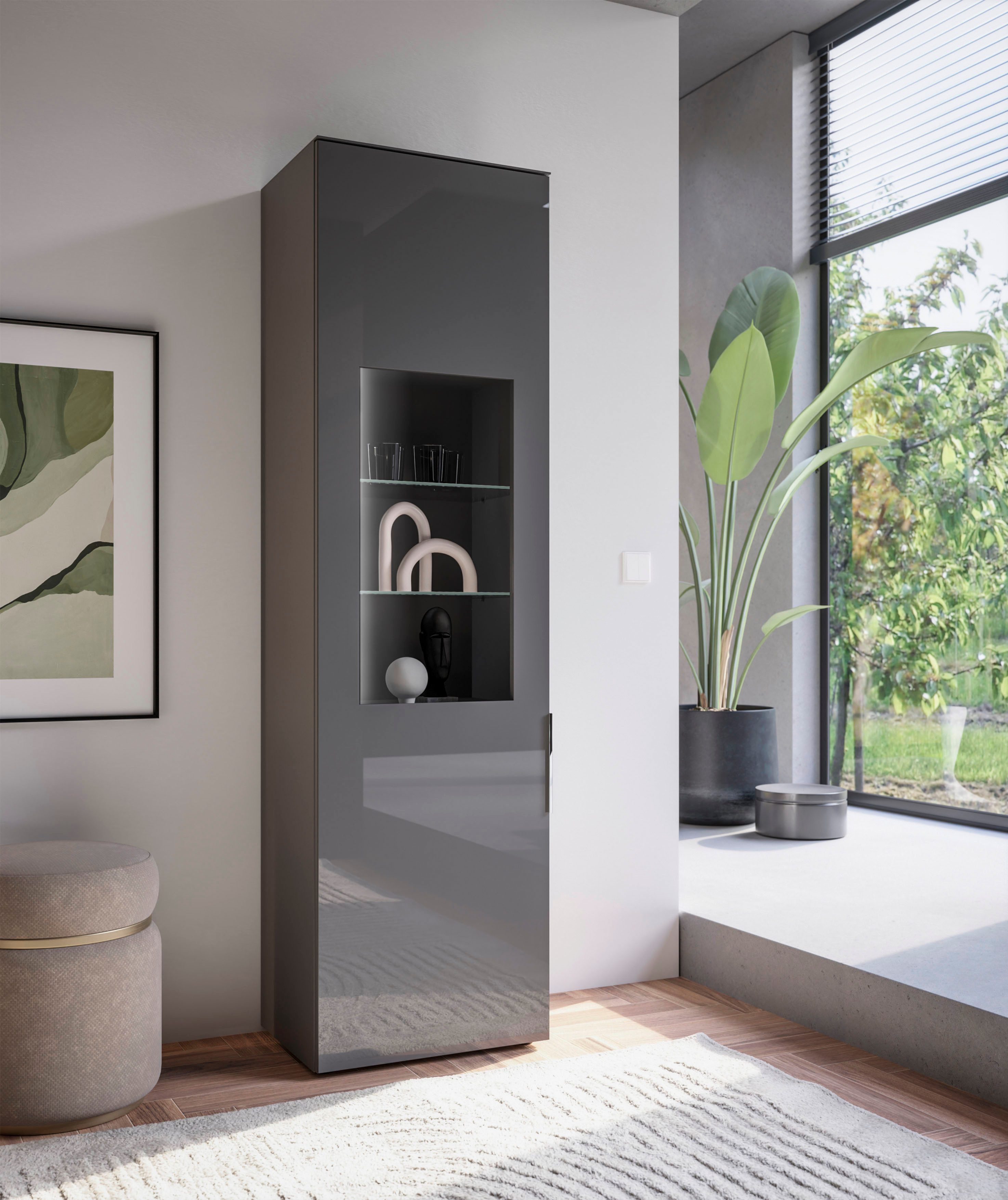 HBZ Vitrine Santorin Vitrine, Melaminbeschichtung, LED-Beleuchtung (1-St) LED Vitrine, mit Softclose-Funktion, Lip Griffe aus Metall