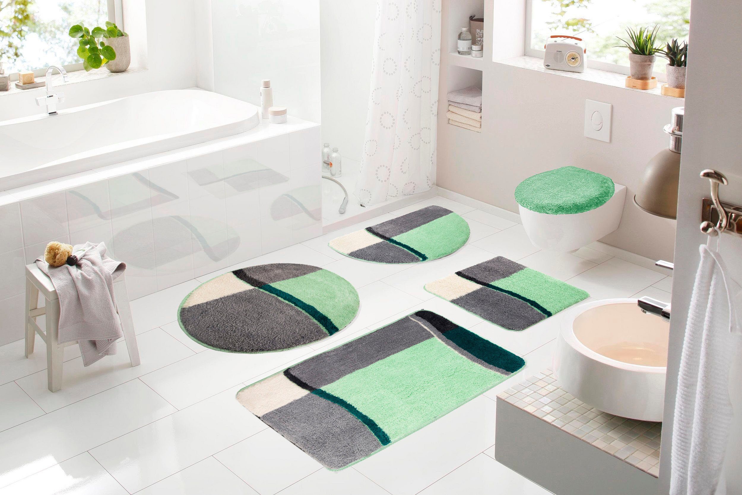 OTTO home Badematte Belio, Badvorleger, Badezimmer Teppich, Höhe 20 mm, rutschhemmend beschichtet, fußbodenheizungsgeeignet, schnell trocknend, strapazierfähig, Kunstfaser, 2-tlg. Stand-WC Set, Badematte, Badteppich, Badematten auch als 2 tlg. Set erhältlich, bunt