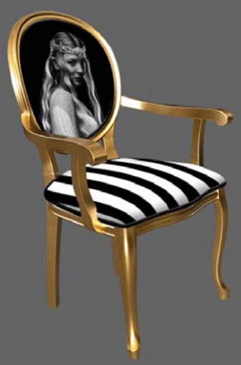 Casa Padrino Esszimmerstuhl Barock Esszimmerstuhl Schwarz / Weiß / Grau / Gold - Handgefertigter Antik Stil Stuhl mit Armlehnen - Esszimmer Möbel im Barockstil