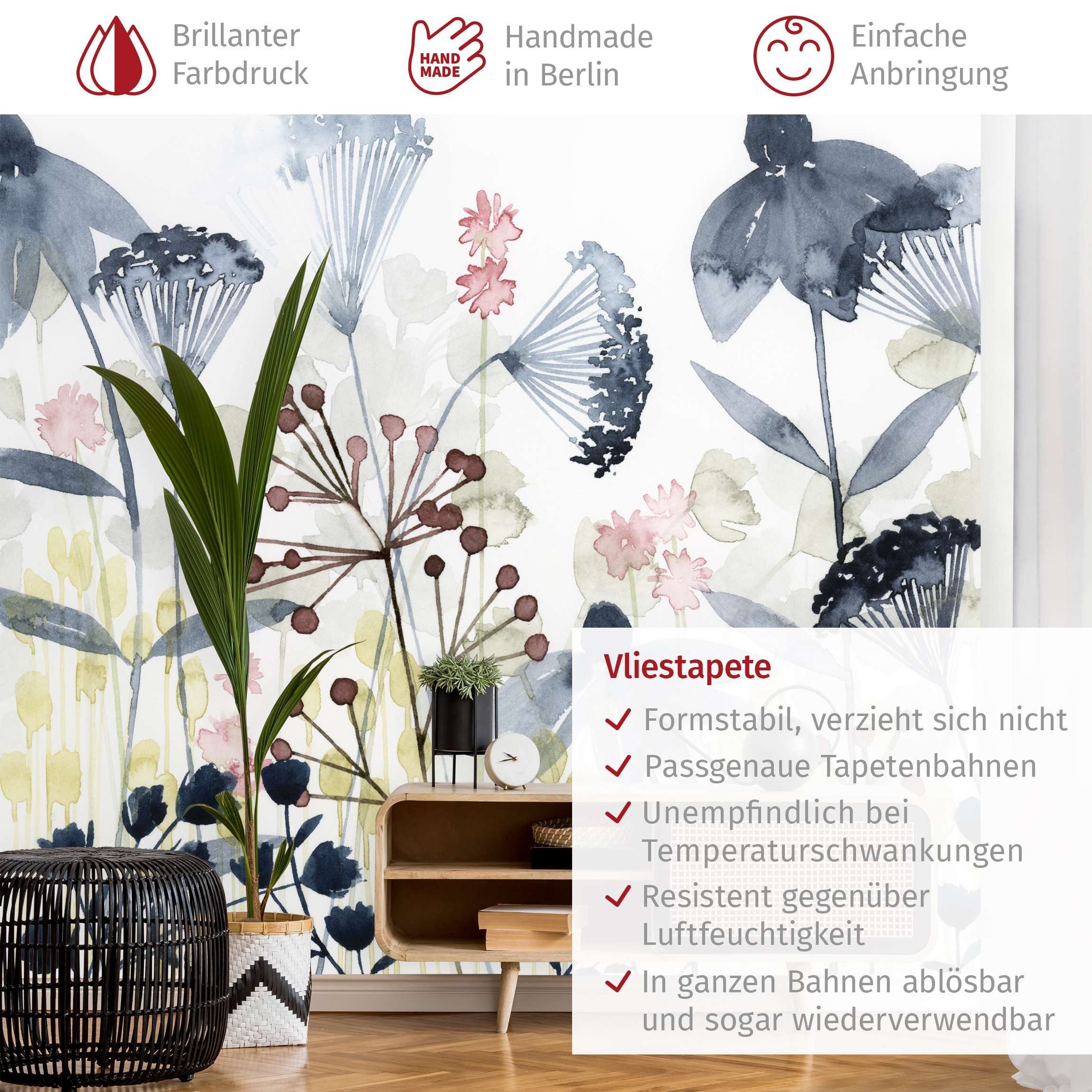 Bilderdepot24 Fototapete Blumen Wildblumen Aquarell Blumentapete Floral Natur Modern Kunst, Glatt, Matt, (Vliestapete inkl. Kleister oder selbstklebend), Wohnzimmer Schlafzimmer Küche Flur Motivtapete Vliestapete Wandtapete