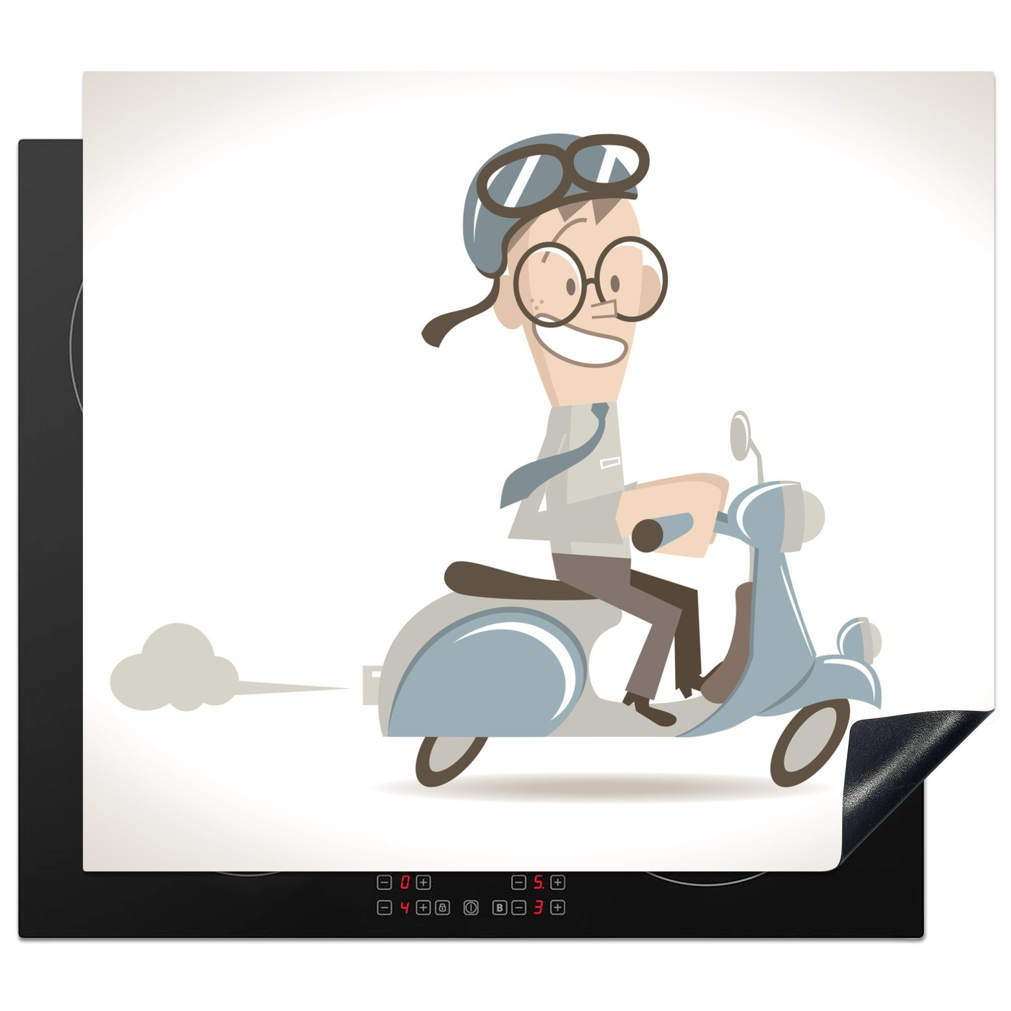 MuchoWow Herdblende-/Abdeckplatte Eine Illustration eines glücklichen Jungen mit seinem Motorroller, Vinyl, (1 tlg), 60x52 cm, Mobile Arbeitsfläche nutzbar, Ceranfeldabdeckung