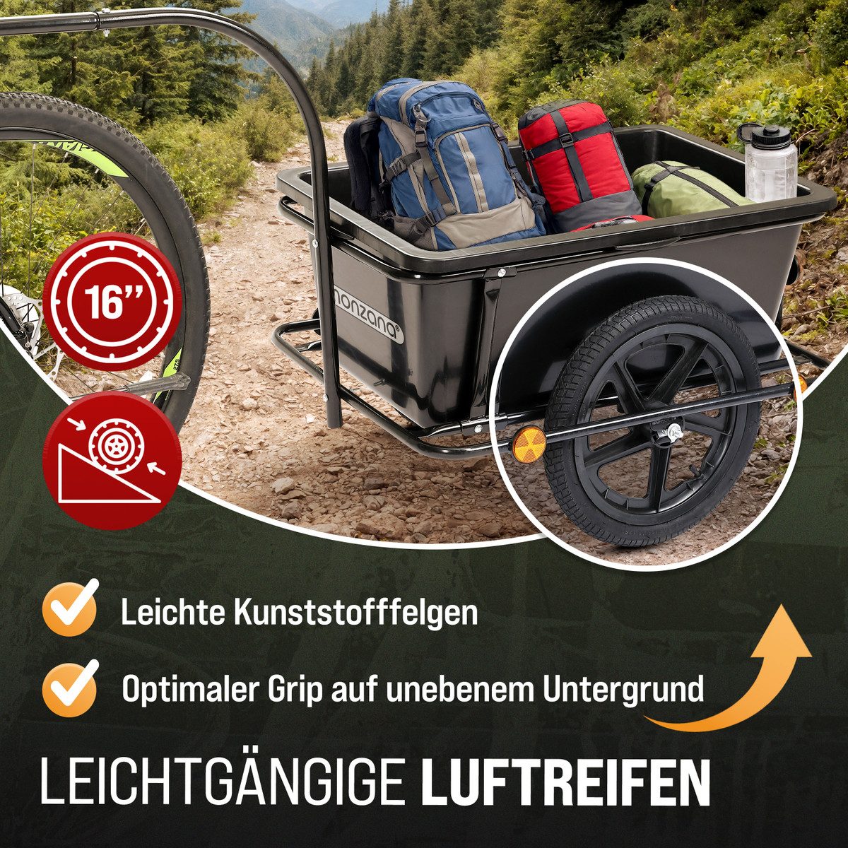 monzana Fahrradlastenanhänger, Fahrradanhänger mit 90L Kunststoffwanne inklusive Kupplung – Bild 4 von 5