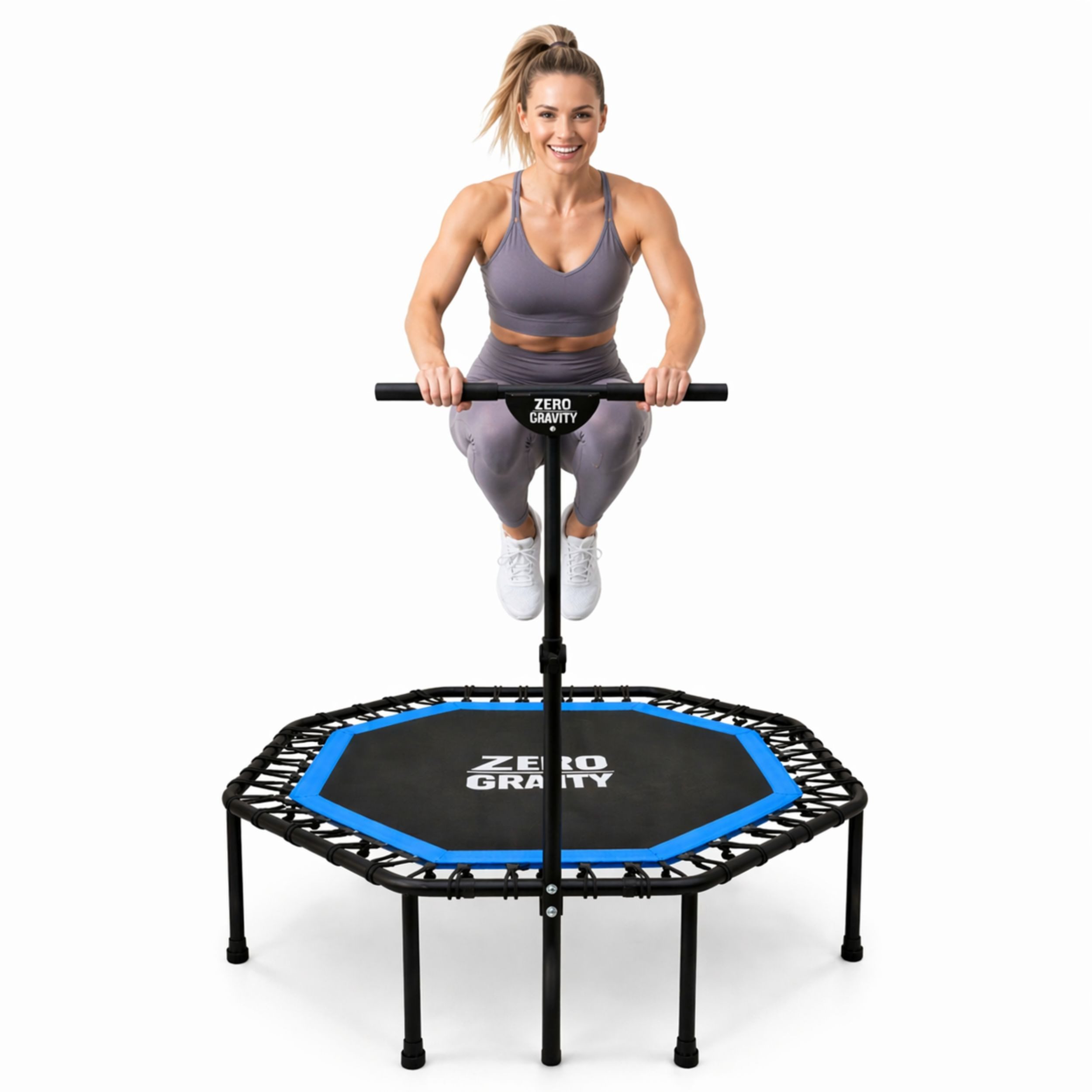 Zero Gravity Fitnesstrampolin mit großer Sprungfläche • Höhenverstellbarer Haltegriff • Bis 130kg, Ideal für Jumping Fitness, Leise Bungeeseilfederung, 9 Standbeine