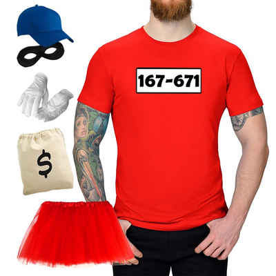 Jimmys Textilfactory Kostüm T-Shirt Panzerknacker Deluxe+ Kostüm-Set Tütü Karneval Fasching XS-5XL, Shirt+Cap+Maske+Handschuhe+Beutel+Tütü rot