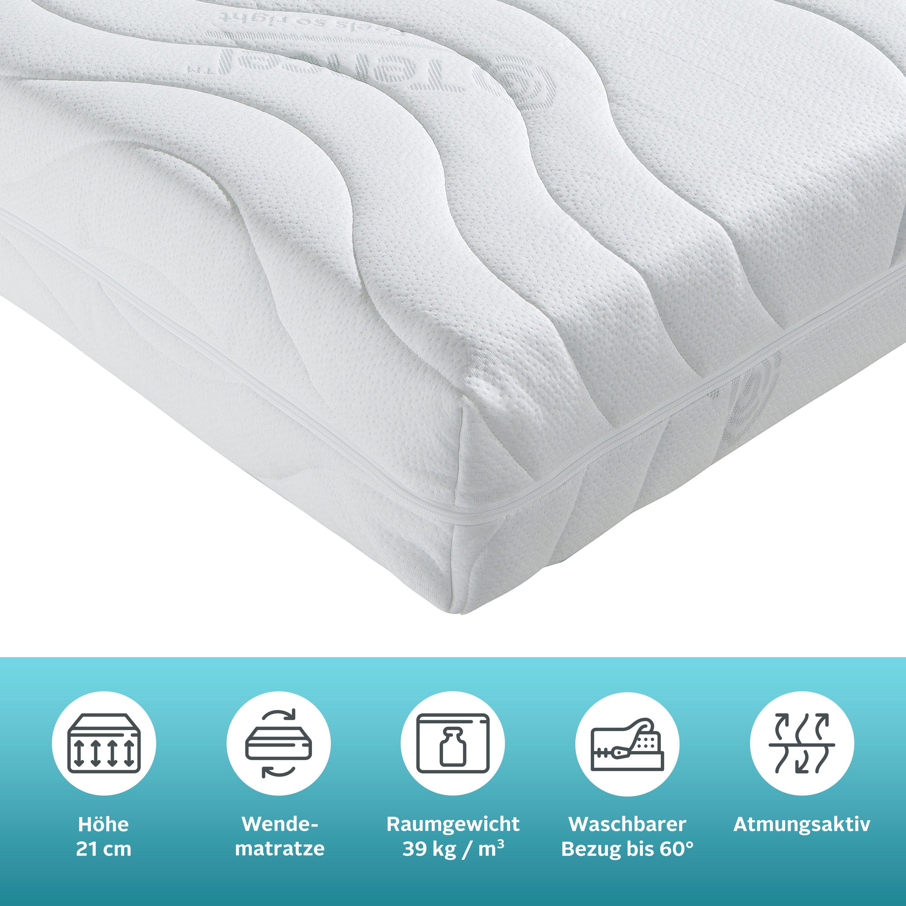 Komfortschaummatratze Tornby, 90x200 cm, 140x200 cm & weitere Größen, atmungsaktiv, Älgdröm, 21 cm hoch, Wendematratze H2+3/H3+4/H4+5, ergonomisch, langlebige Qualität (RG 39)