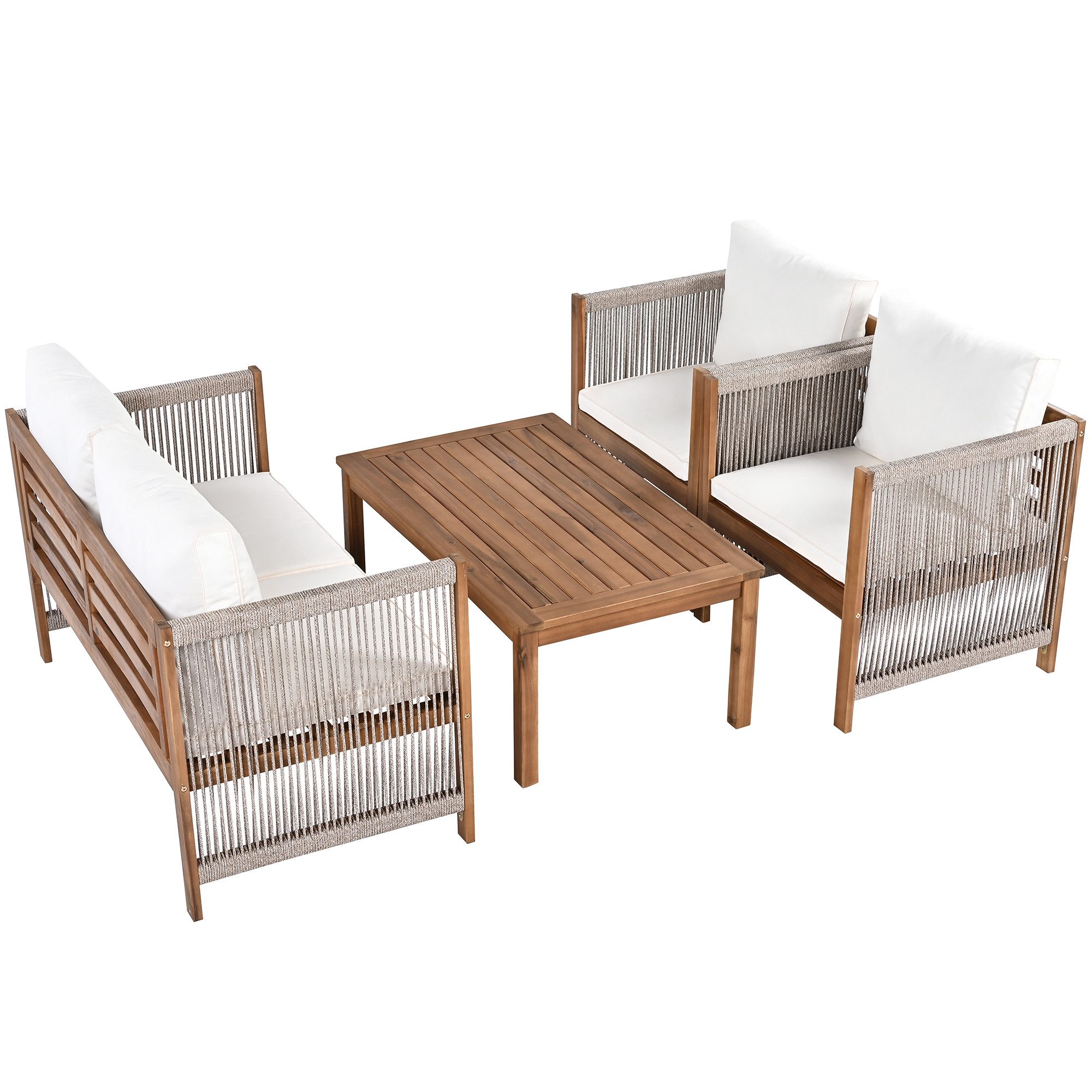 MC Star Loungeset Gartenmöbel Set, mit bequemem Kissen, Sitzgruppe, Sitzgarnitur, (Doppelsofa, 2 Sessel und Tisch, Outdoor, Tisch und Stühle, Rattenoptik, Akazie,Beige)