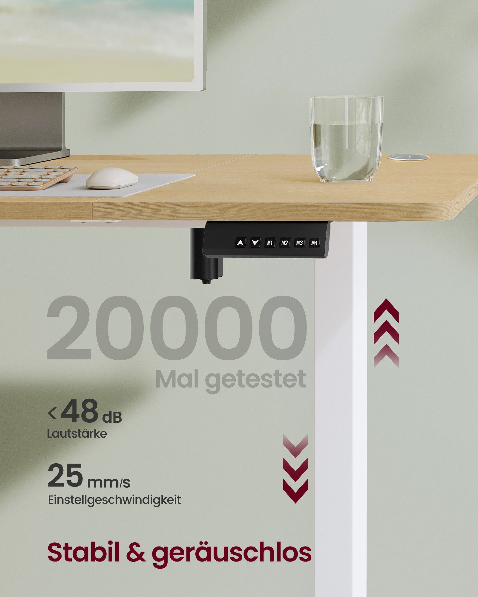 SONGMICS Schreibtisch Höhenverstellbarer elektrisch, 100/120/140/160/180 cm, USB-C-Anschluss, Memory-Funktion für 4 Höhen, mit Stoff-Organizer