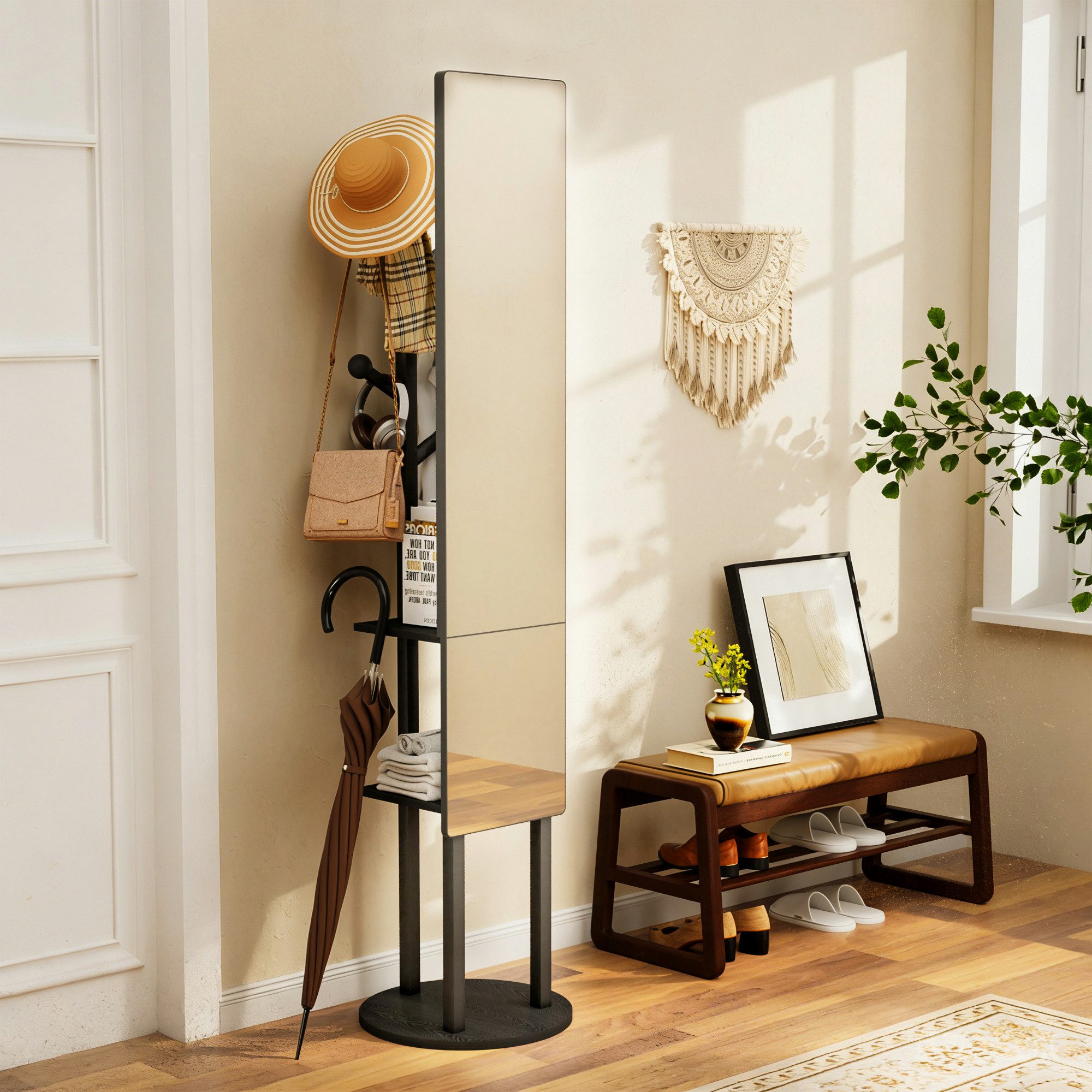 Yorbay Garderobenständer 360° drehbarer mit Ganzkörperspiegel & Haken, multifunktionaler Kleiderständer, 174x40cm