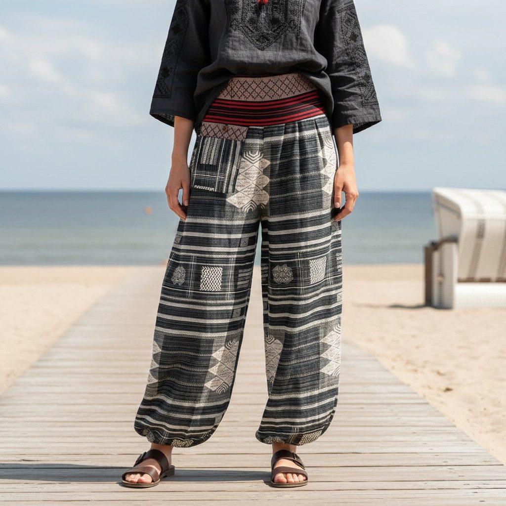 Guru-Shop Relaxhose Yogahose, Ikat Pluderhose mit breitem gewebtem.. Ethno Style, alternative Bekleidung