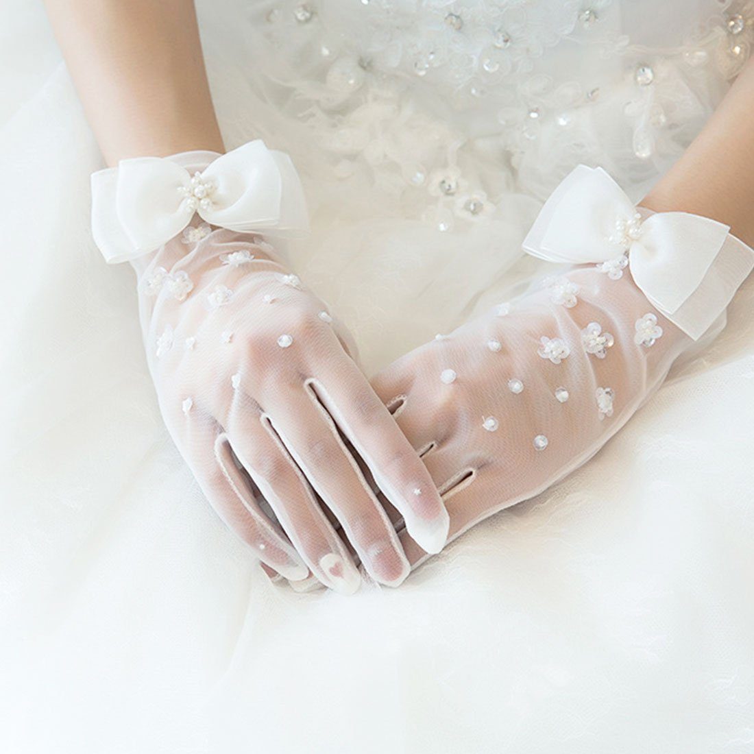 DÖRÖY Abendhandschuhe Mode Perle Handschuhe Mesh Braut Handschuhe, Brautkleid kurze Mesh