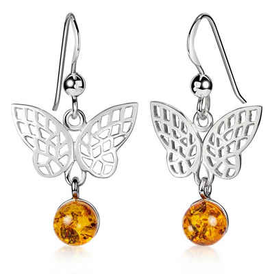 Materia Paar Ohrhänger Damen Silber Schmetterling Bernstein Braun Orange SO-485, 925 Sterling Silber