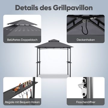 Sekey Grillpavillon 245 x 150 cm BBQ Pavillion Grillzelt Gartenzelt Winterfest Wasserdicht, Doppelschichtdach, Ablage mit Haken, UV-Schutz 50+