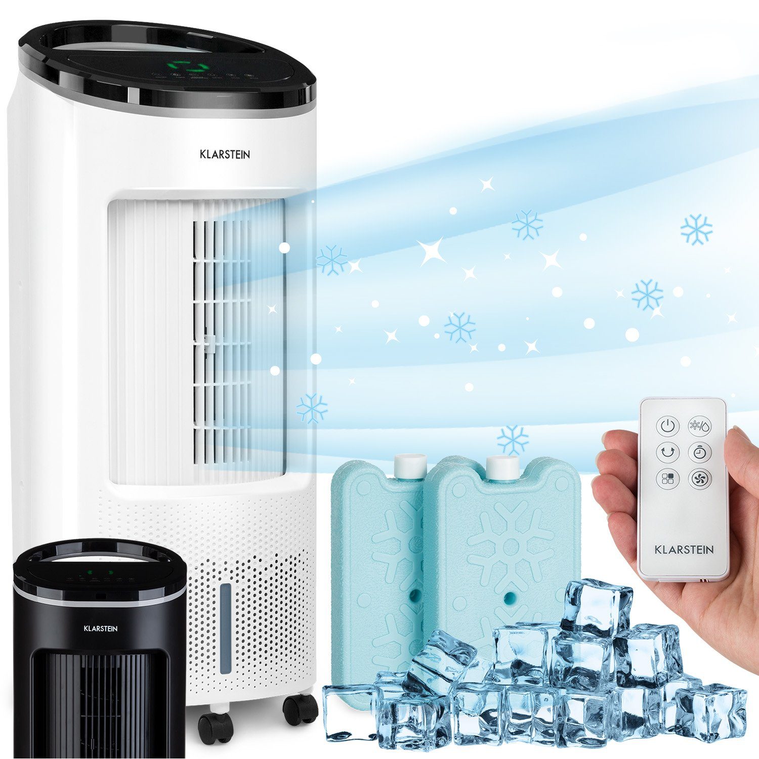 Klarstein Ventilatorkombigerät mobil ohne & Klimagerät 4-in-1 IceWind Plus Eis Abluftschlauch Wasserkühlung mit Luftkühler
