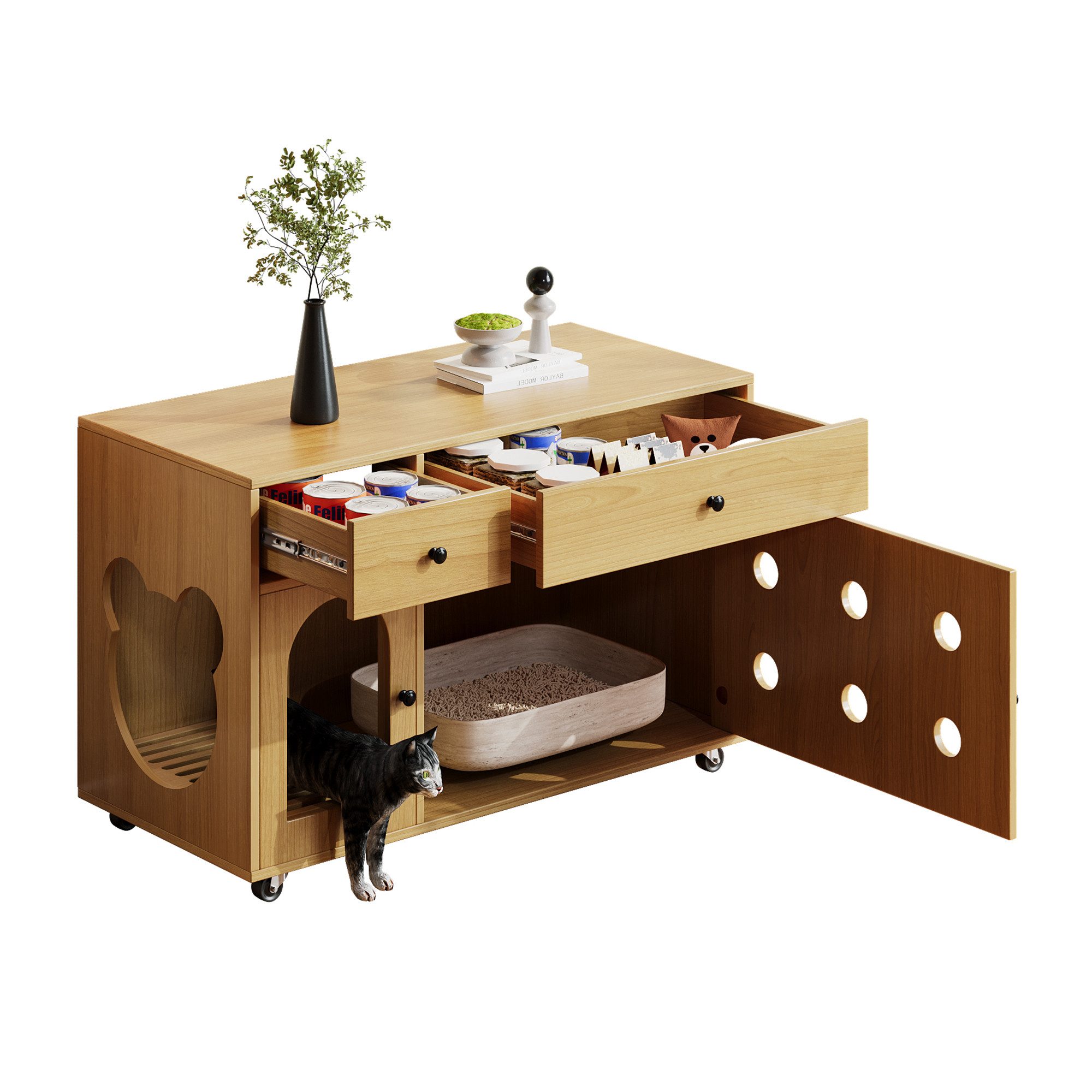 i@home Katzentoilette Katzenschrank/Katzenhaus, bewegliche Katzentoilette mit Rollen, 100×45×66 cm