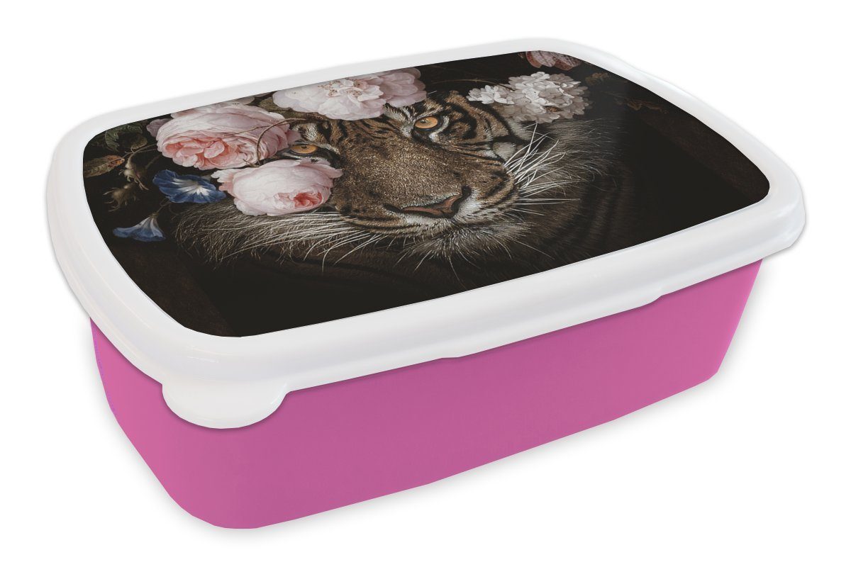 rosa - Blumen Kunststoff Lunchbox (2-tlg), Kunststoff, Kinder, Tiger Snackbox, für Brotbox Porträt, - Erwachsene, MuchoWow Brotdose Mädchen,