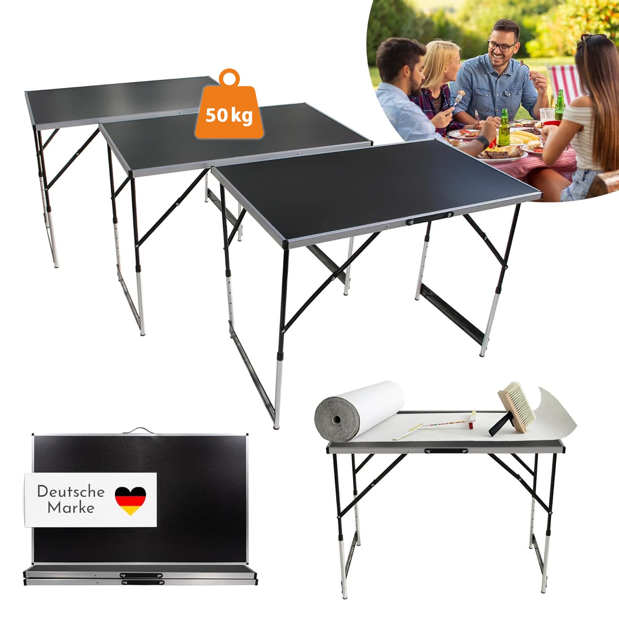 Lemodo Campingtisch Mehrzwecktische mit 50kg Tragkraft, klappbarer Flohmarkttisch, Premium Mehrzwecktisch 3-teilig, höhenverstellbar