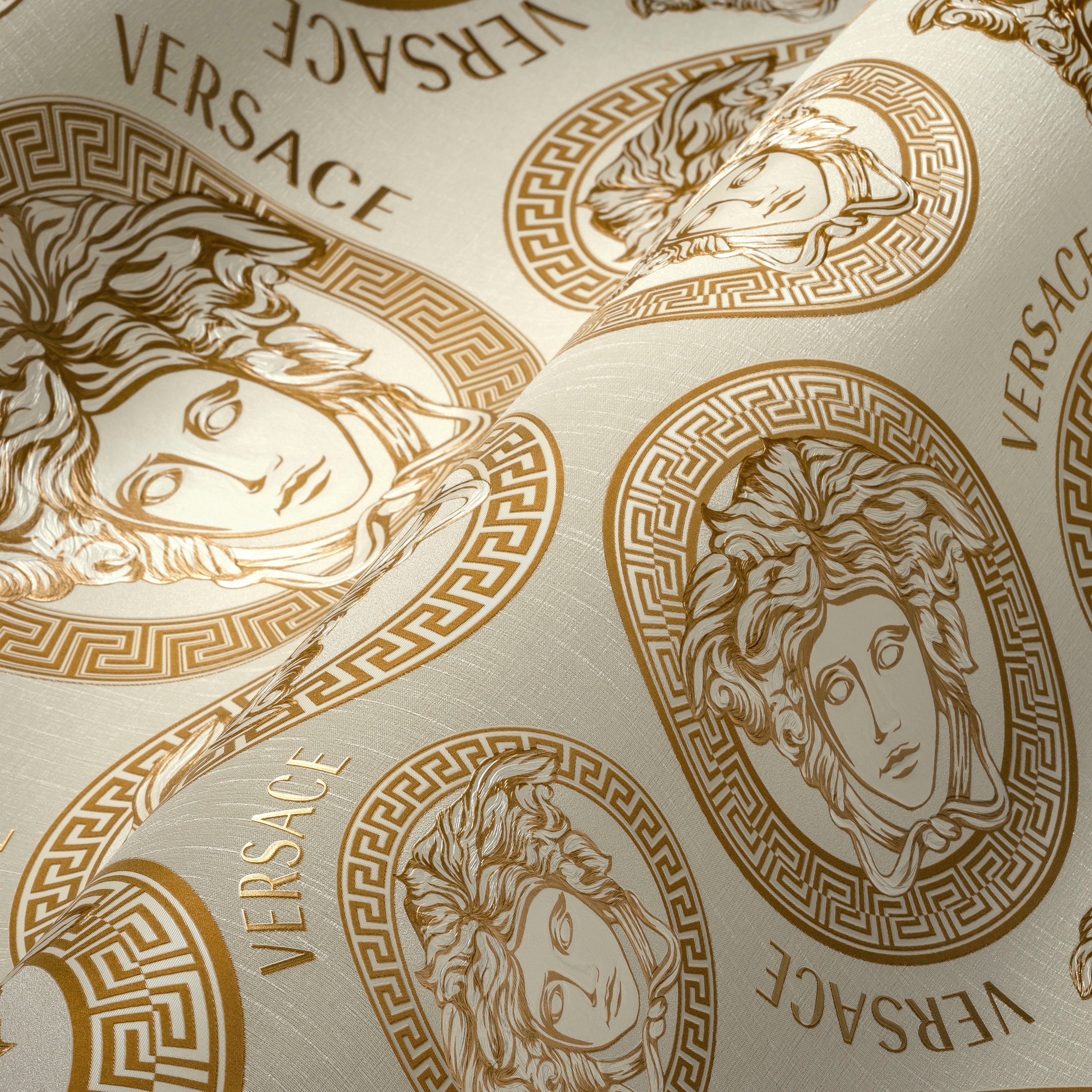 Versace Medusakopf, St), (1 Wallpaper strukturiert, leicht goldfarben/weiß glänzend, 5 Designertapete Versace leicht Vliestapete