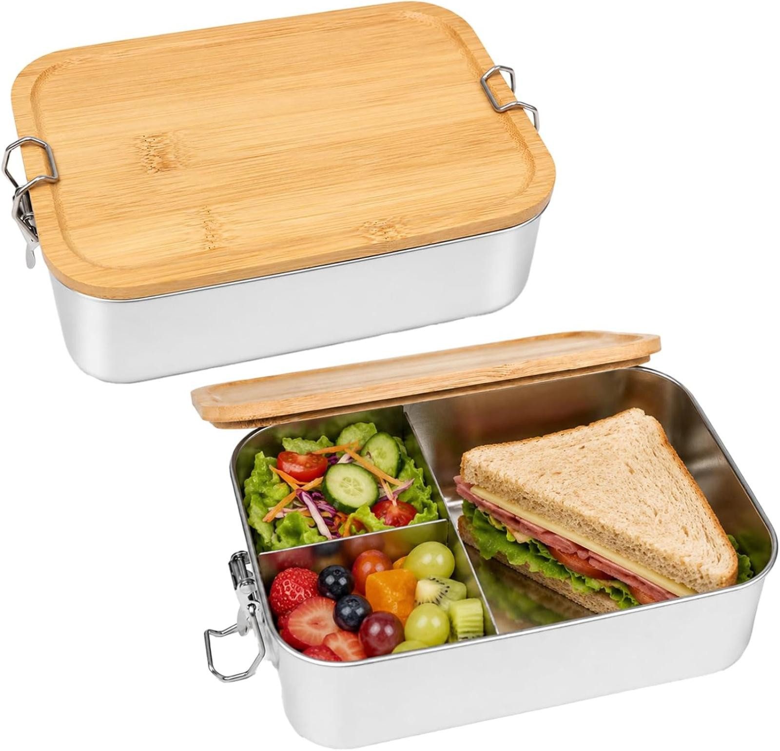FELIXLEO Lunchbox 2 Stück Brotdose Edelstahl mit Fächern und Bambusdeckel 1200ml, (1-tlg)