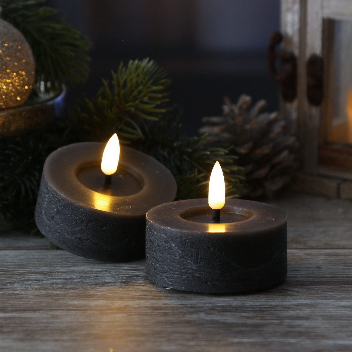 MARELIDA LED-Kerze LED Maxi Teelichter Lina Rustik Optik Echtwachs D: 7cm grau 2er Set (2-tlg)
