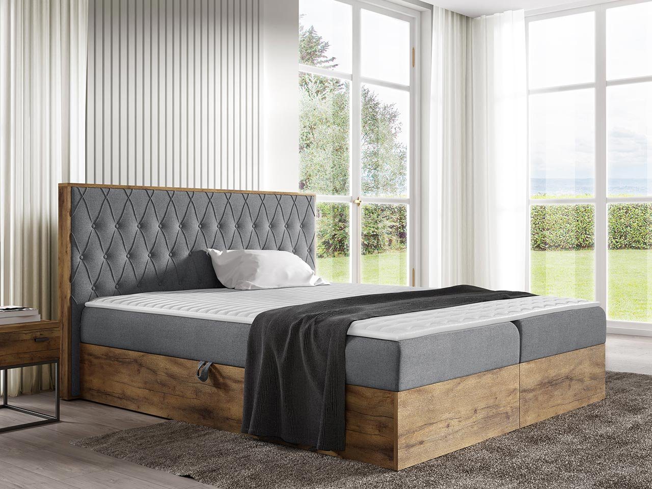 MIRJAN24 Boxspringbett Wood VI (mit zwei Bettkästen für die Bettwäsche), Polsterkopfteil, Topper, Bonellfederkern