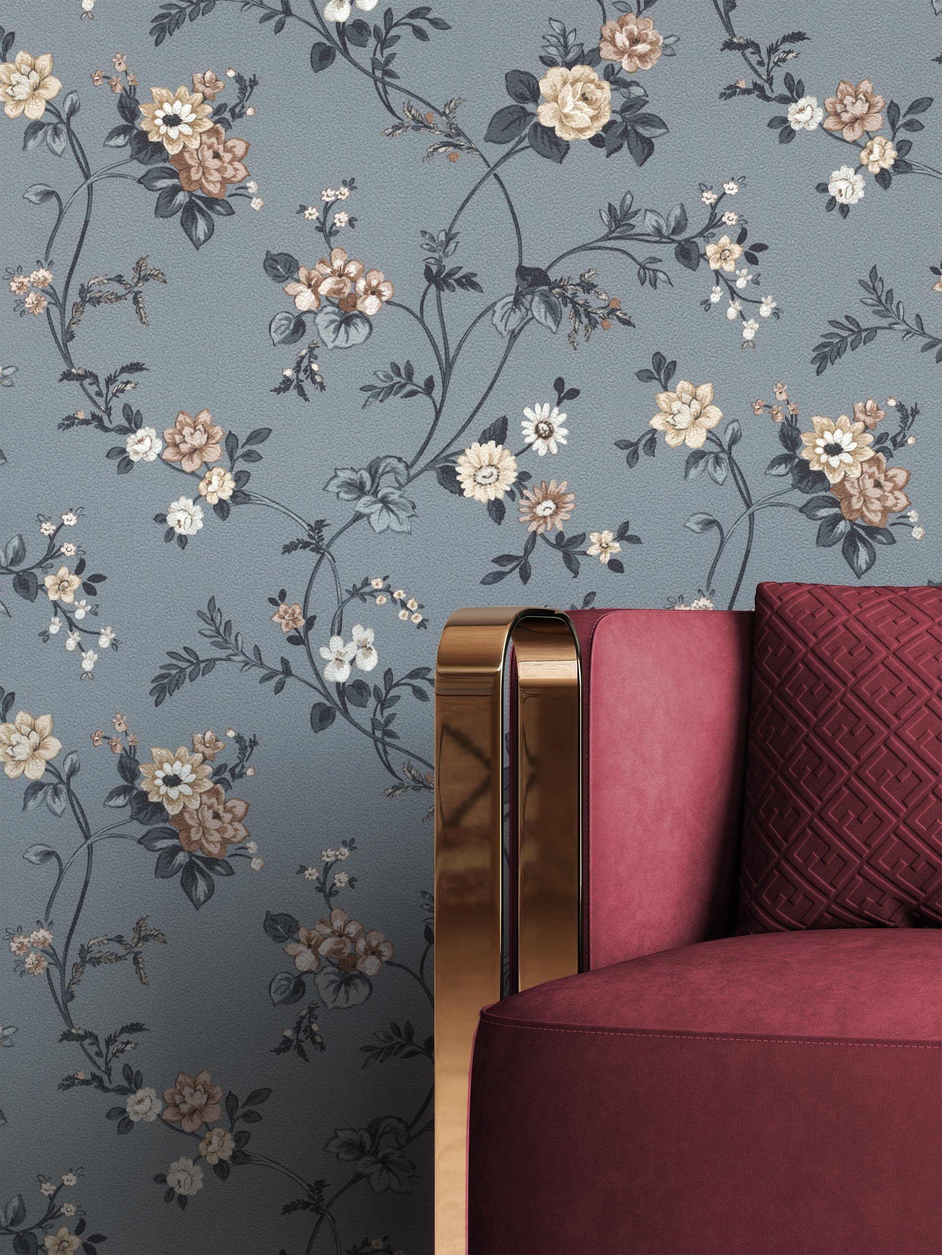 Newroom Vliestapete, Grau Tapete Landhaus Blumen günstig online kaufen