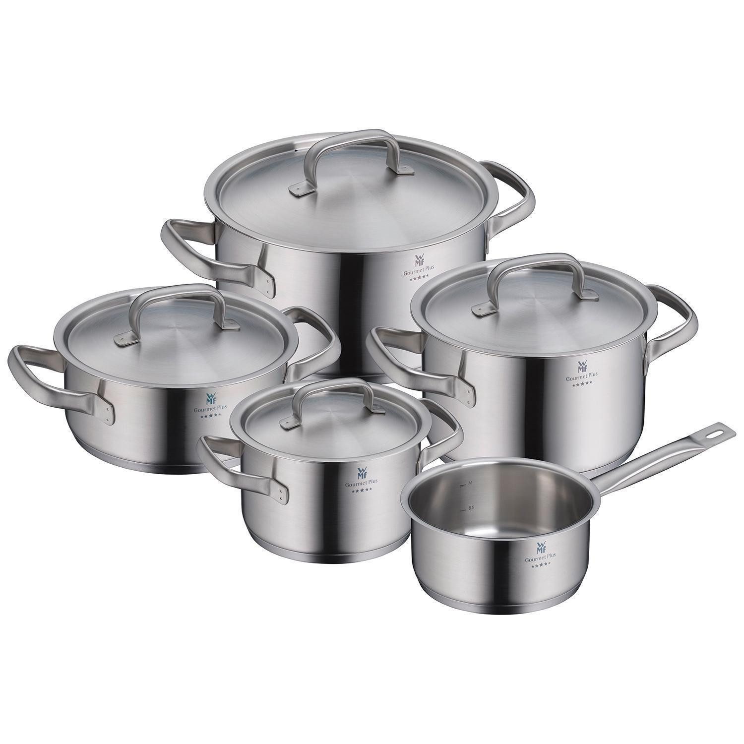 WMF Topf-Set GOURMET PLUS, 5-teilig, mit Edelstahldeckel, Cromargan® Edelstahl Rostfrei 18/10, 1 Bratentopf, 3 Kochtöpfe, 1 Stielkasserolle