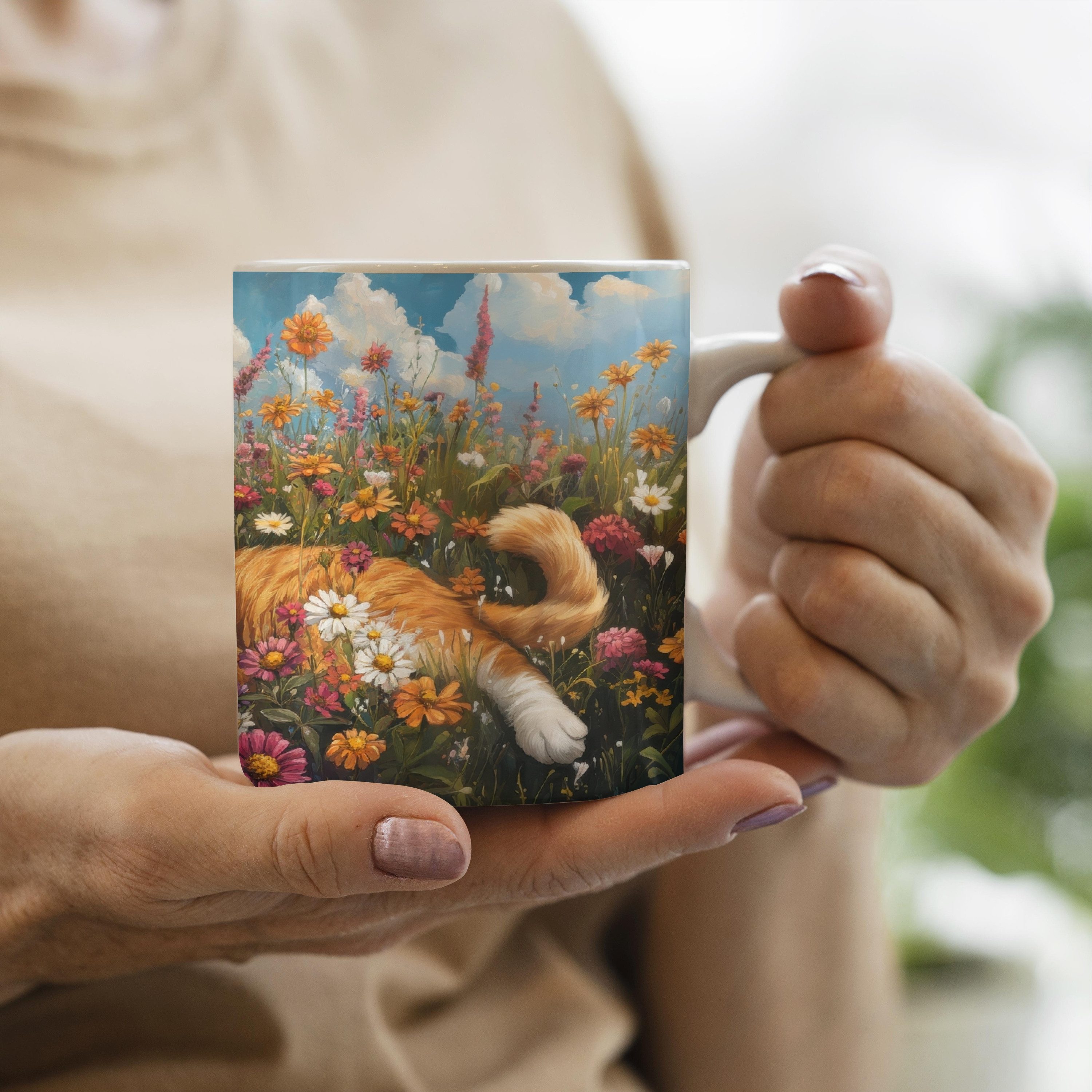 MuchoWow Tasse Katze - Blumen - Entspannen, 1-tlg., Keramik, Kaffeetassen, Teetasse, Becher, Kaffeebecher, Geschenk