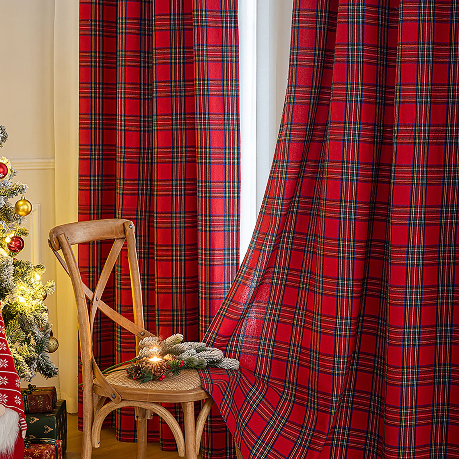 Jibenhome Vorhang Weihnachtsvorhänge Ösen Vorhang, Rot-Grün kariert Scheibengardine (2 St), für Weihnachts-, Winterparty-Dekor, Heimtextilien