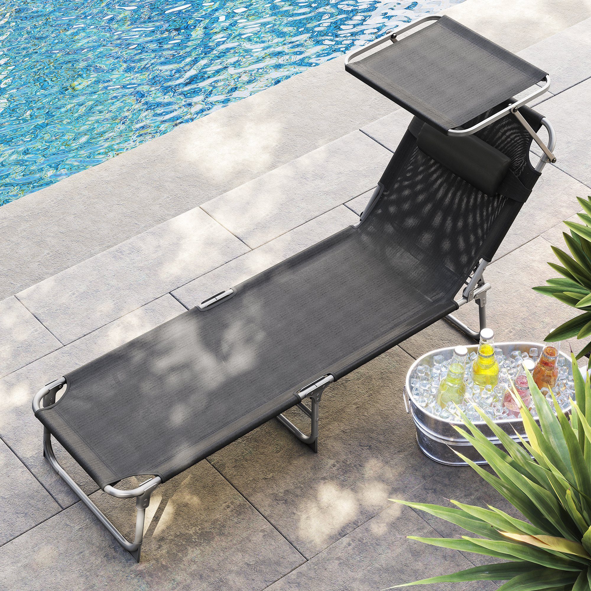 SONGMICS Gartenliege Sonnenliege, klappbarer Liegestuhl, für Garten, Pool, Terrasse, 2 St., bis 150 kg belastbar, 193 x 53 x 29 cm, Sonnenschutz, Kopfstütze, verstellbare Rückenlehne