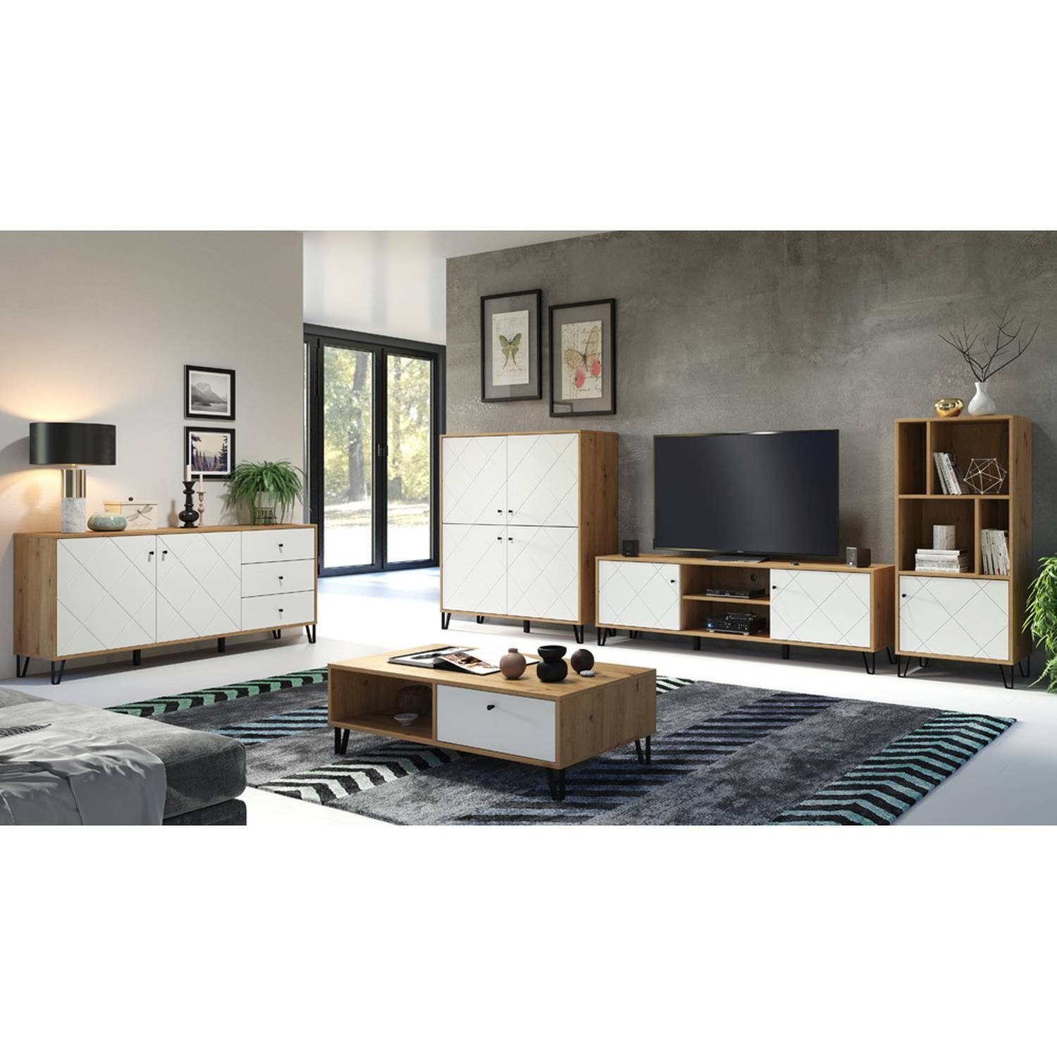 Lomadox TV-Wand »TORINO-19«, (5-tlg), Wohnzimmer Möbel Set modern skandinavisches  Design in Artisan Eiche Nb. mit weiß matt, B/H/T: ca. 399/136/40 cm online  kaufen | OTTO