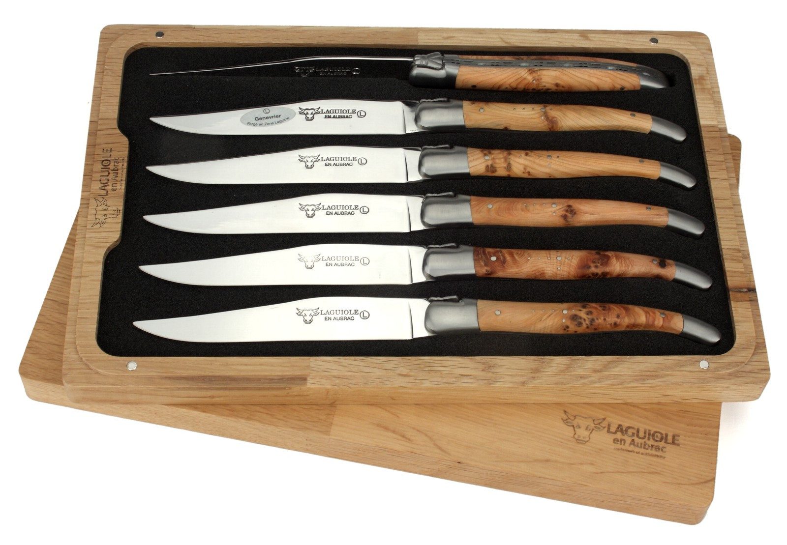 Laguiole en Aubrac Steakmesser 62C99GEIH-N 6er Set - Griff Wacholder - Backen matt - Klinge glänzend - Holzbox