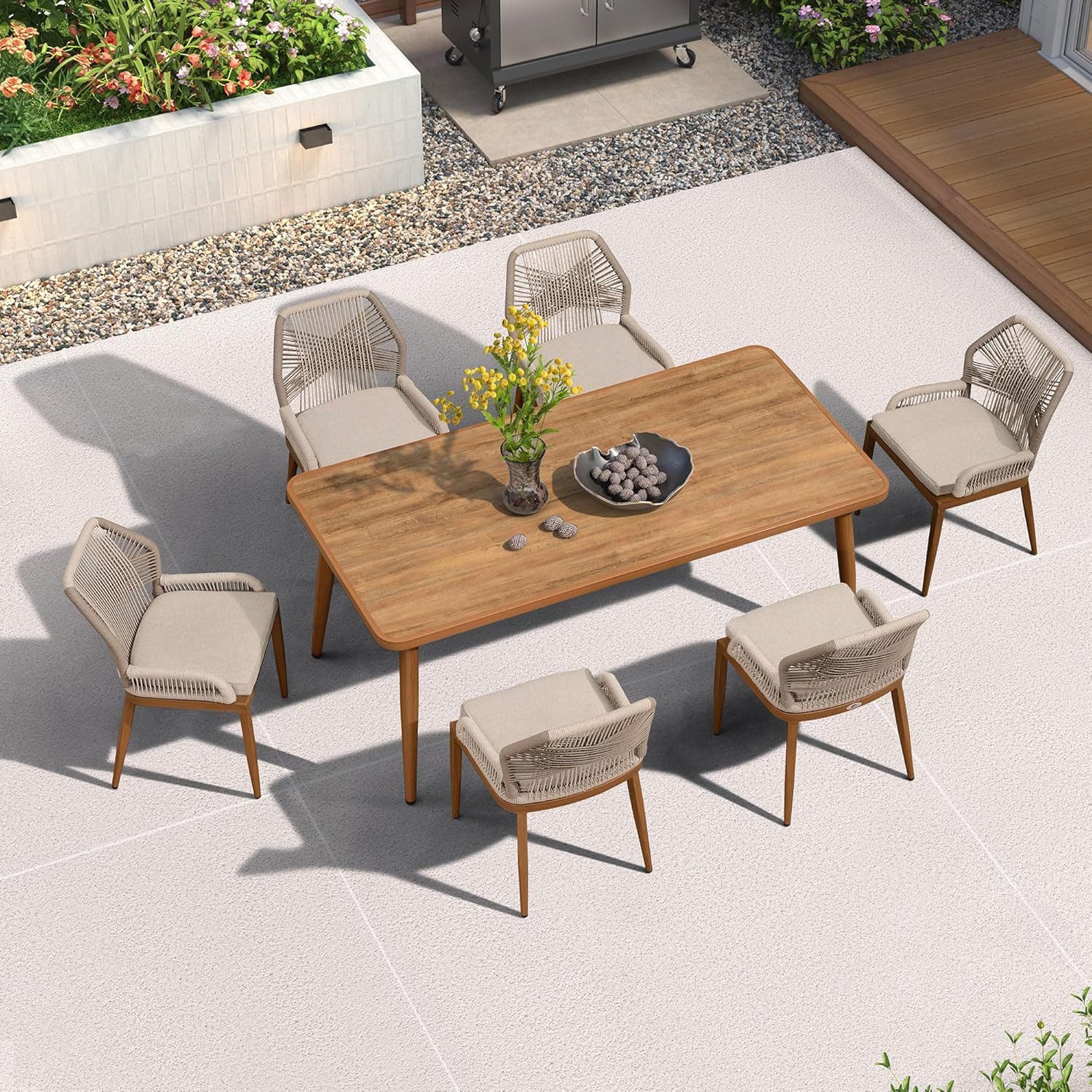 PURPLE LEAF Garten-Essgruppe Gartenmöbel Rattan Teakoptik Aluminium mit Kissen, Landhausstil, (Set), mit Kissen und Rückenlehne