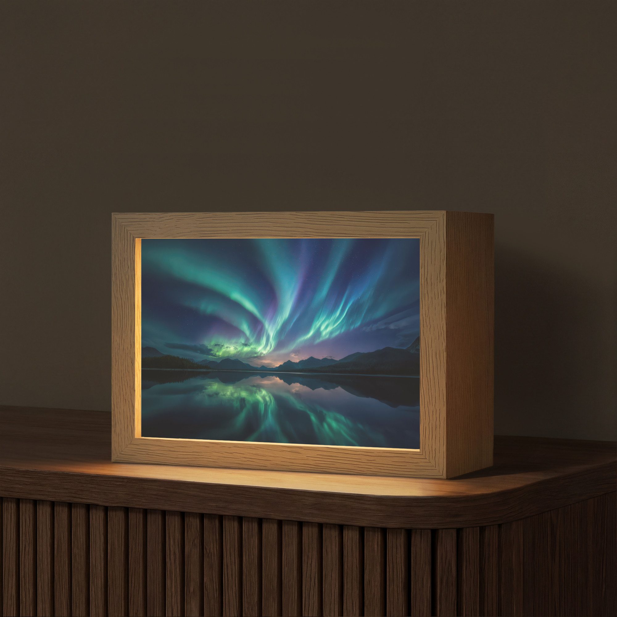 OnlyWow Tischleuchte Lightbox Nordlichter - Farbenfroh - Bergsee, Dimmbar, Farbwechsel, LED, Warmweiß, Kaltweiß, Neutralweiß Einstellbar, Tischlampe, Schreibtischlampe, Desk, Dimmbar, mit Kabel, LED