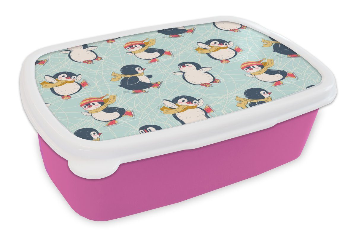 MuchoWow Lunchbox Kinder - Pinguin - Schlittschuhe - Winter - Muster, Kunststoff, (2-tlg), Brotbox für Erwachsene, Brotdose Kinder, Snackbox, Mädchen, Kunststoff rosa