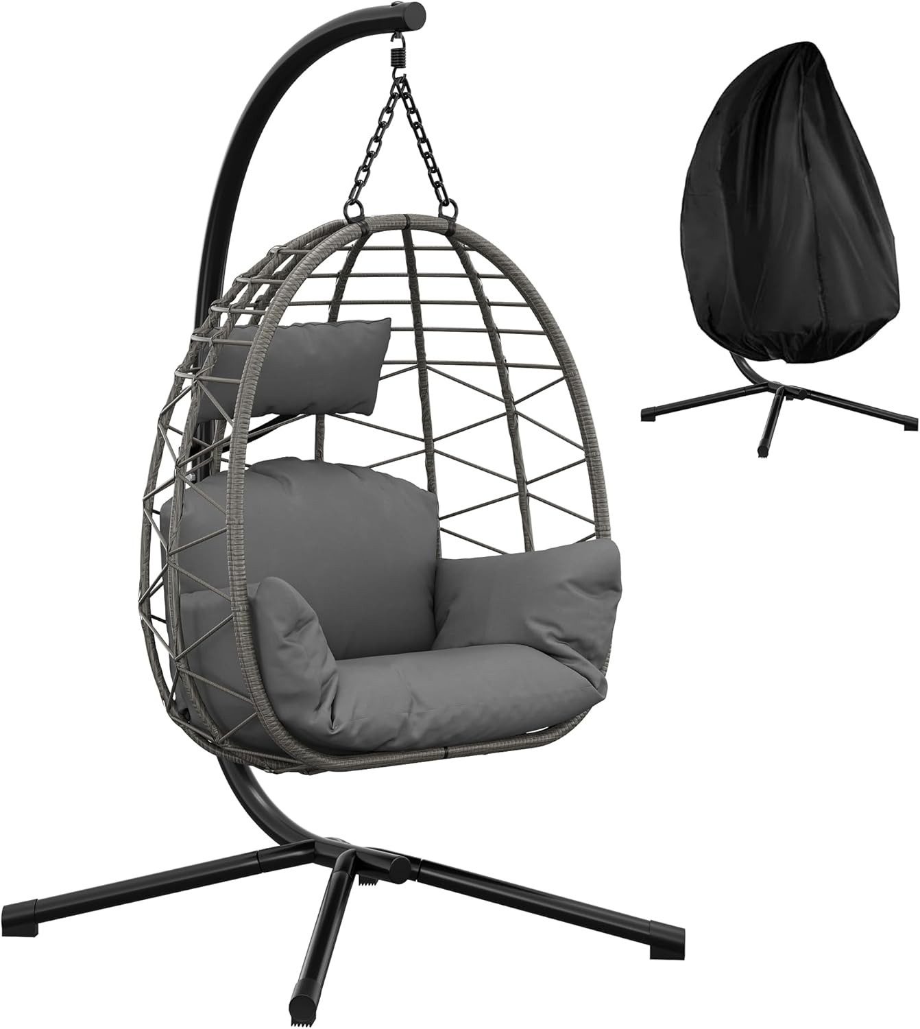 GarveeMore Hängesessel mit Gestell für Outdoor & Indoor,Polster & Schutzabdeckung, Rattan Hängestuhl mit Stahlgestell,bis 150 kg belastbar