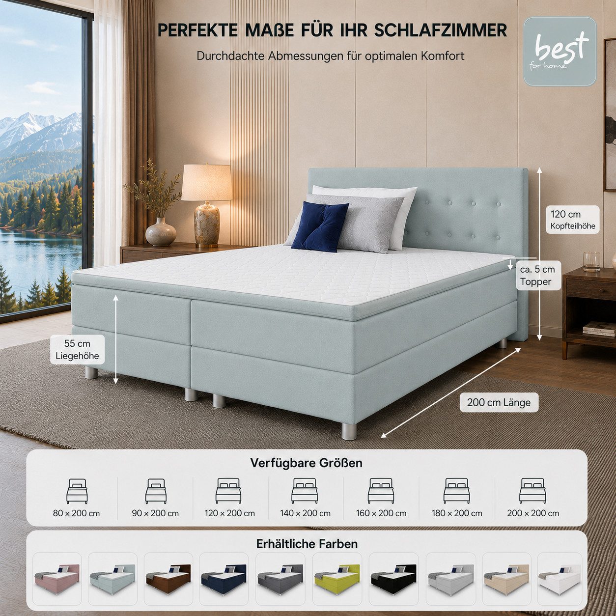 Best for Home Boxspringbett mit gepolstertem Kopfteil, komfortabler Bonnell-Matratze & 5 cm Topper (Boxspringbett-Set mit Matratze und Topper, 1-St., 90x200 120 – Bild 3 von 5