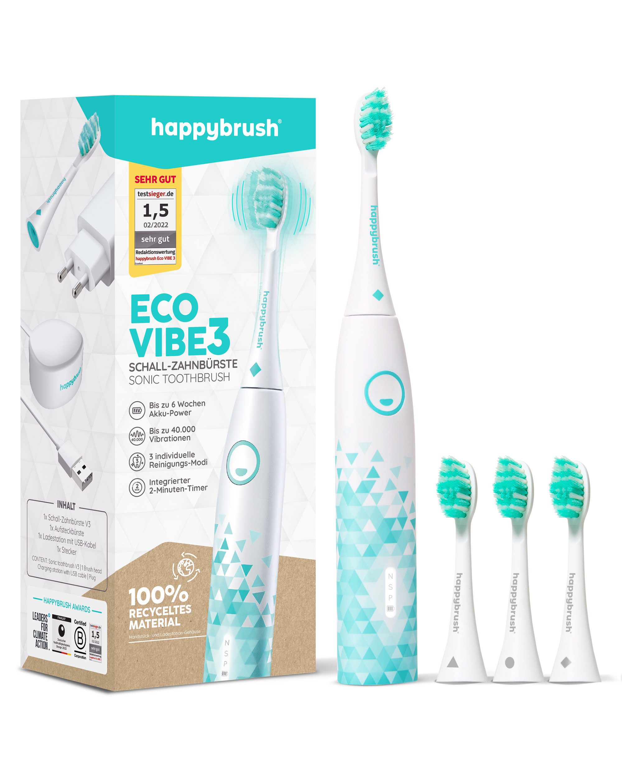 happybrush Schallzahnbürste Eco VIBE 3 White-Mint, Aufsteckbürsten: 4 St., Eco Vibe 3, 3 individuelle Putz-Modi, Schalltechnologie