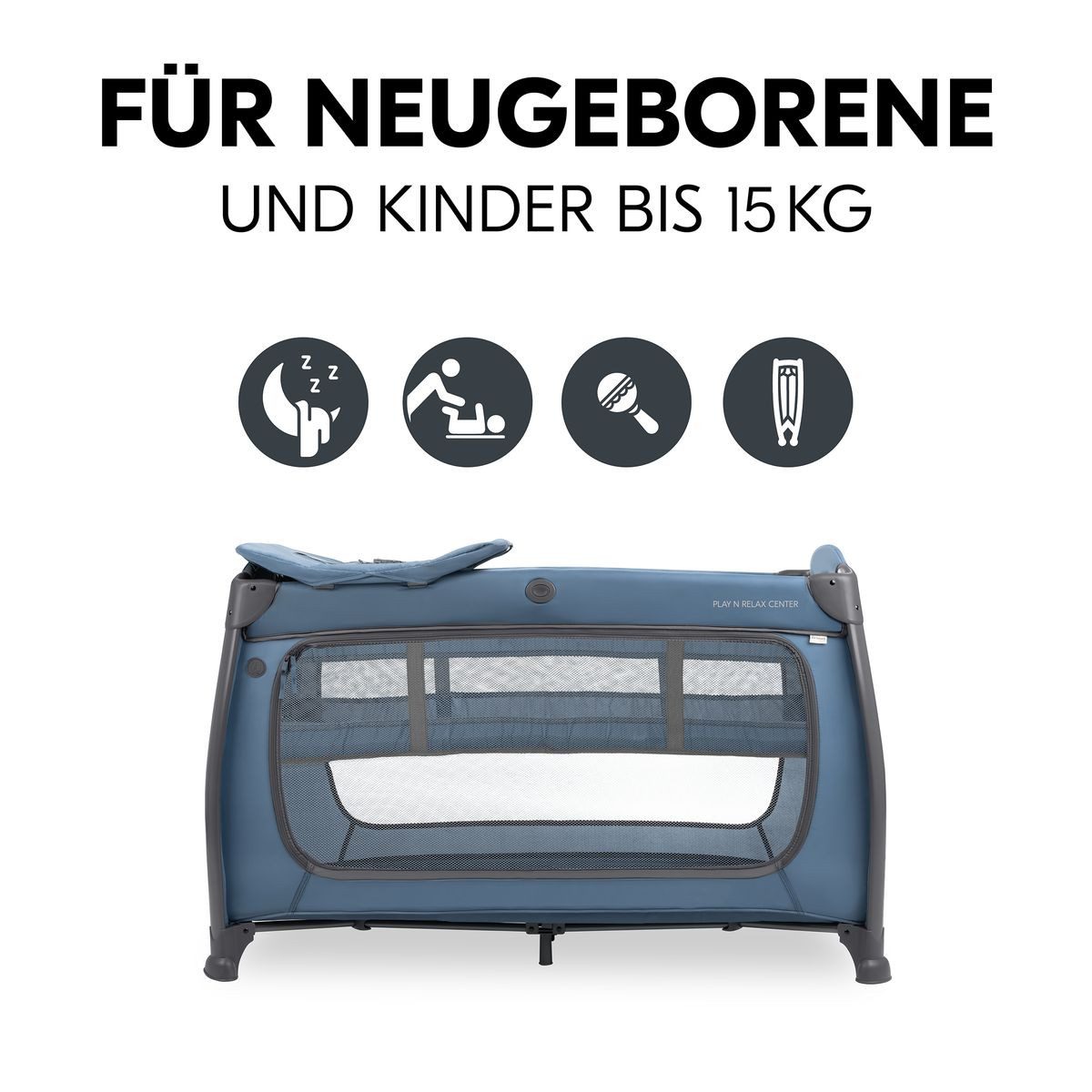 Hauck Baby-Reisebett Play'n Relax Center - Dark Blue, Babyreisebett mit Matratze, Insektenschutz, Wickelauflage, Einhang