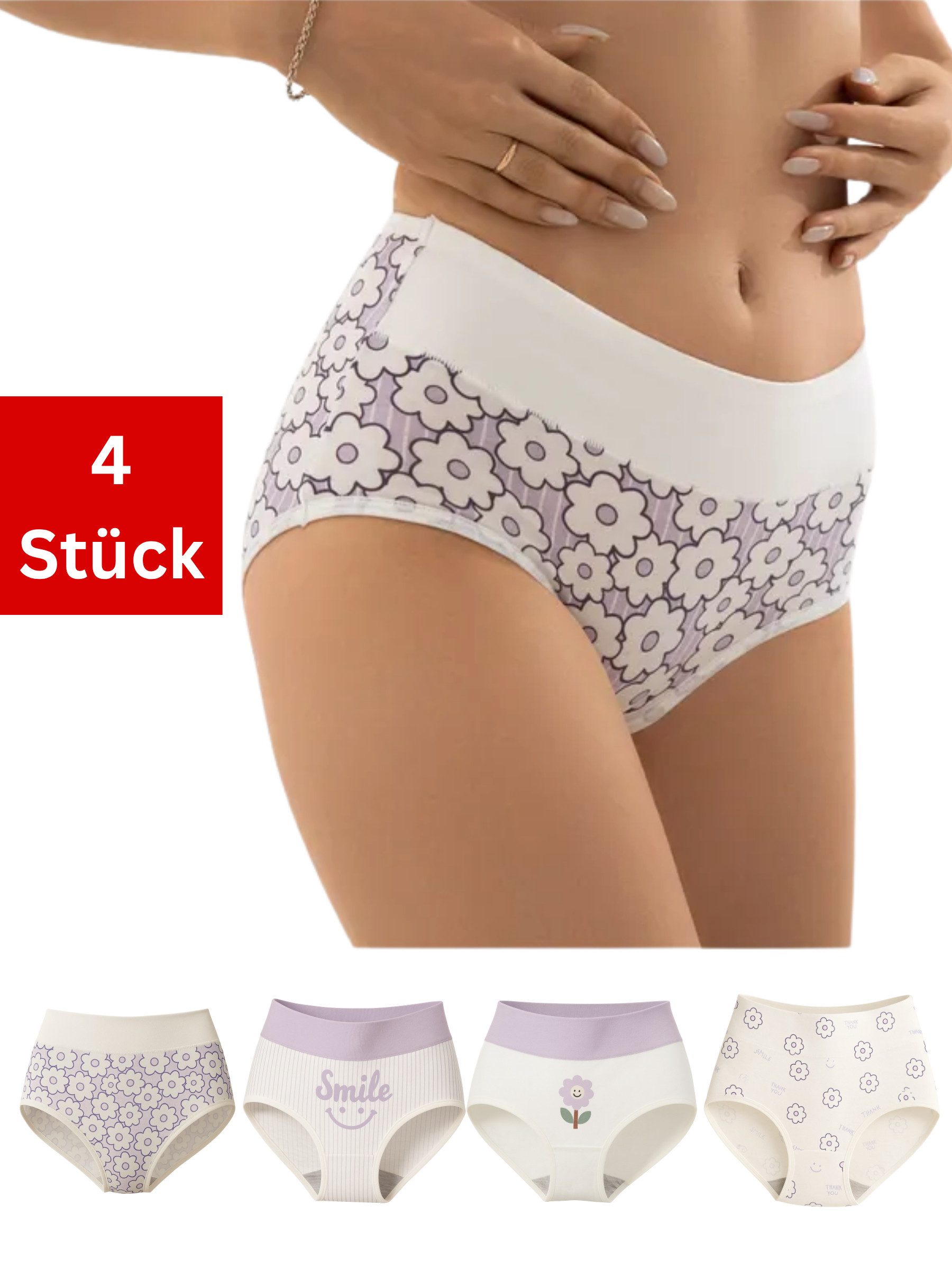 Elegant Love Taillenslip Unterwäsche für Damen – Bequeme Baumwoll-Unterhosen mit Blumenmuster (Set, 4-St., 4er-Pack) Elegante Pantys, hoher Bund, bauchbedeckend – ideal für jeden Tag