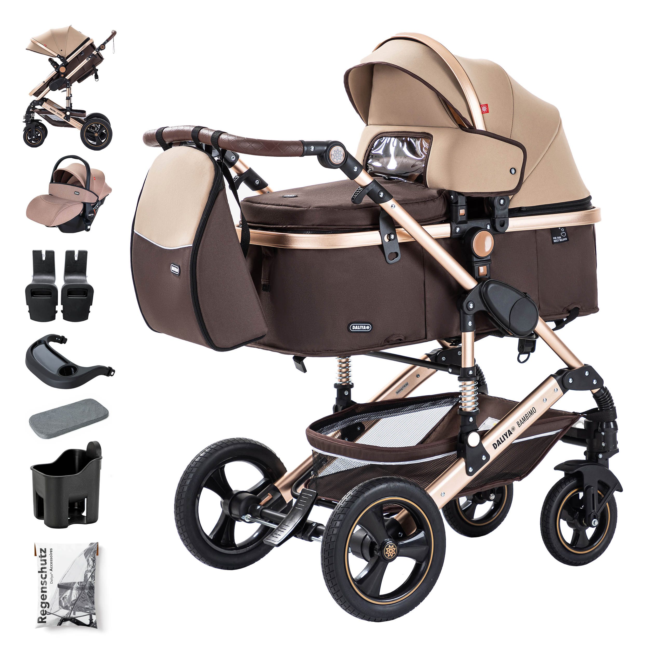 Daliya® Kombi-Kinderwagen BAMBIMO 3in1 Kinderwagen & Buggy mit Auto-Babyschale und Adapter, (XXL-Set inkl. Wickeltasche und Spieltisch, 15-tlg), Babyschale, Airless-Räder, Federung, weiche Matratze, Belüftungssystem